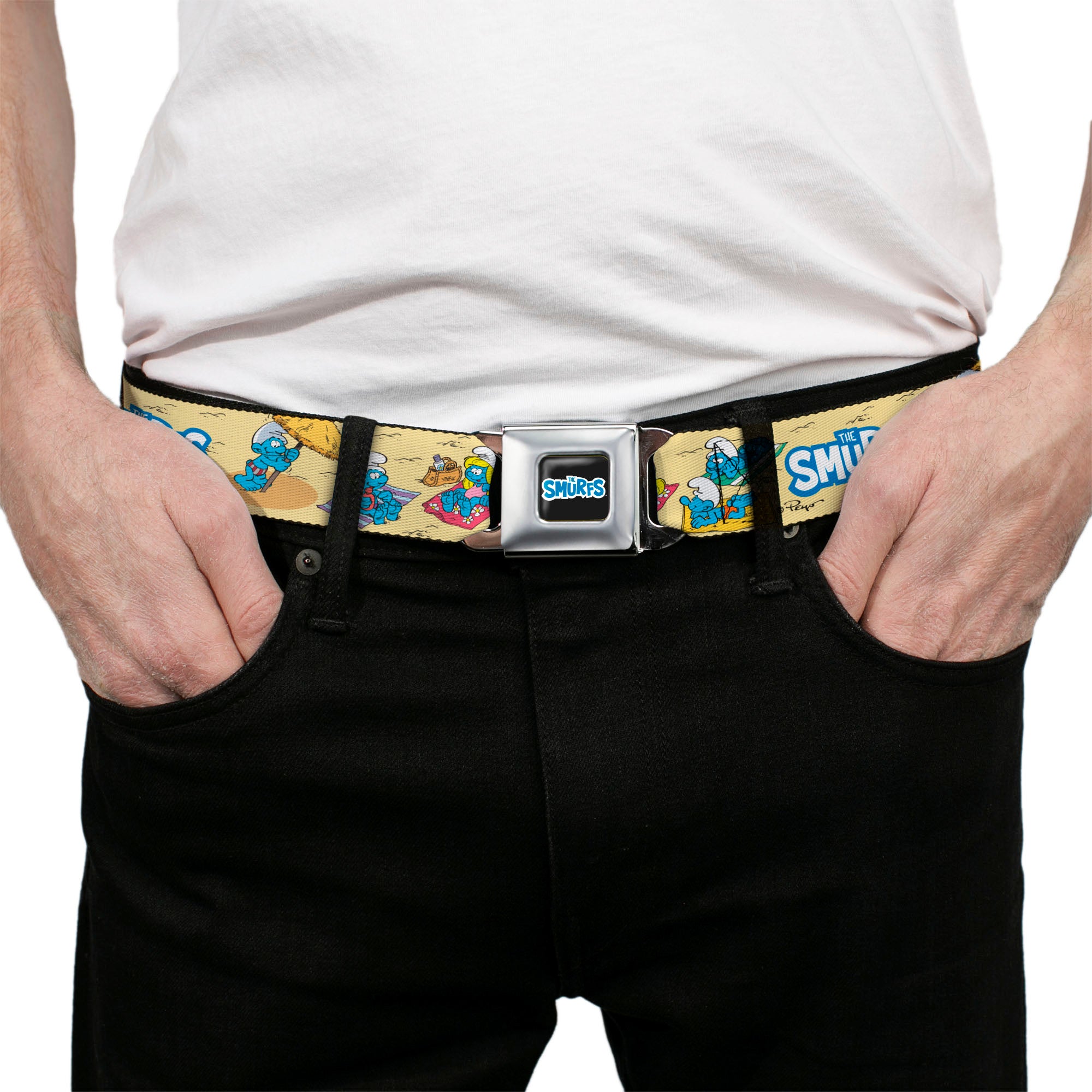 THE SMURFS Title Logo Full Color Black White Blue Seatbelt Belt - THE SMURFS Beach Day Fun Scene and Title Logo Webbing Seatbelt Belts The Smurfs