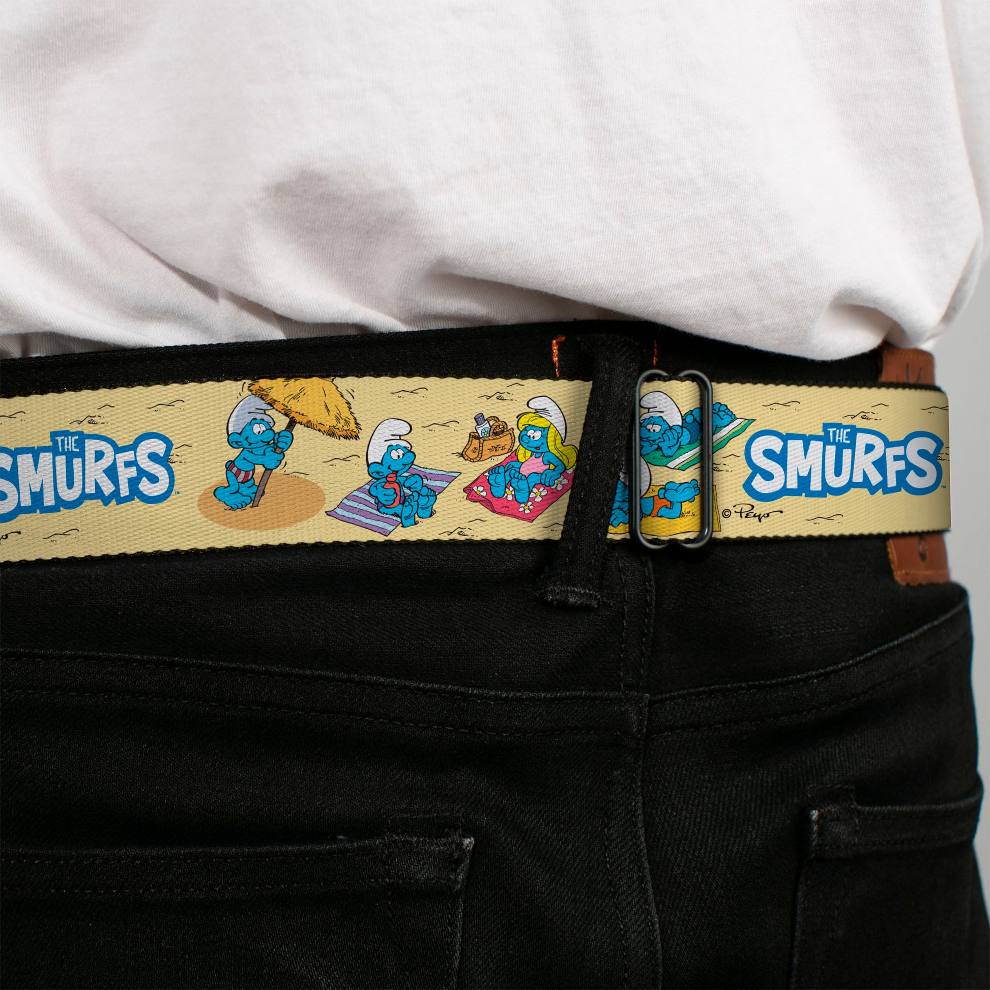THE SMURFS Title Logo Full Color Black White Blue Seatbelt Belt - THE SMURFS Beach Day Fun Scene and Title Logo Webbing Seatbelt Belts The Smurfs