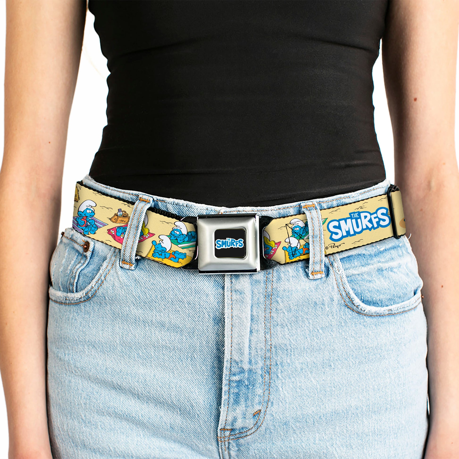 THE SMURFS Title Logo Full Color Black White Blue Seatbelt Belt - THE SMURFS Beach Day Fun Scene and Title Logo Webbing Seatbelt Belts The Smurfs