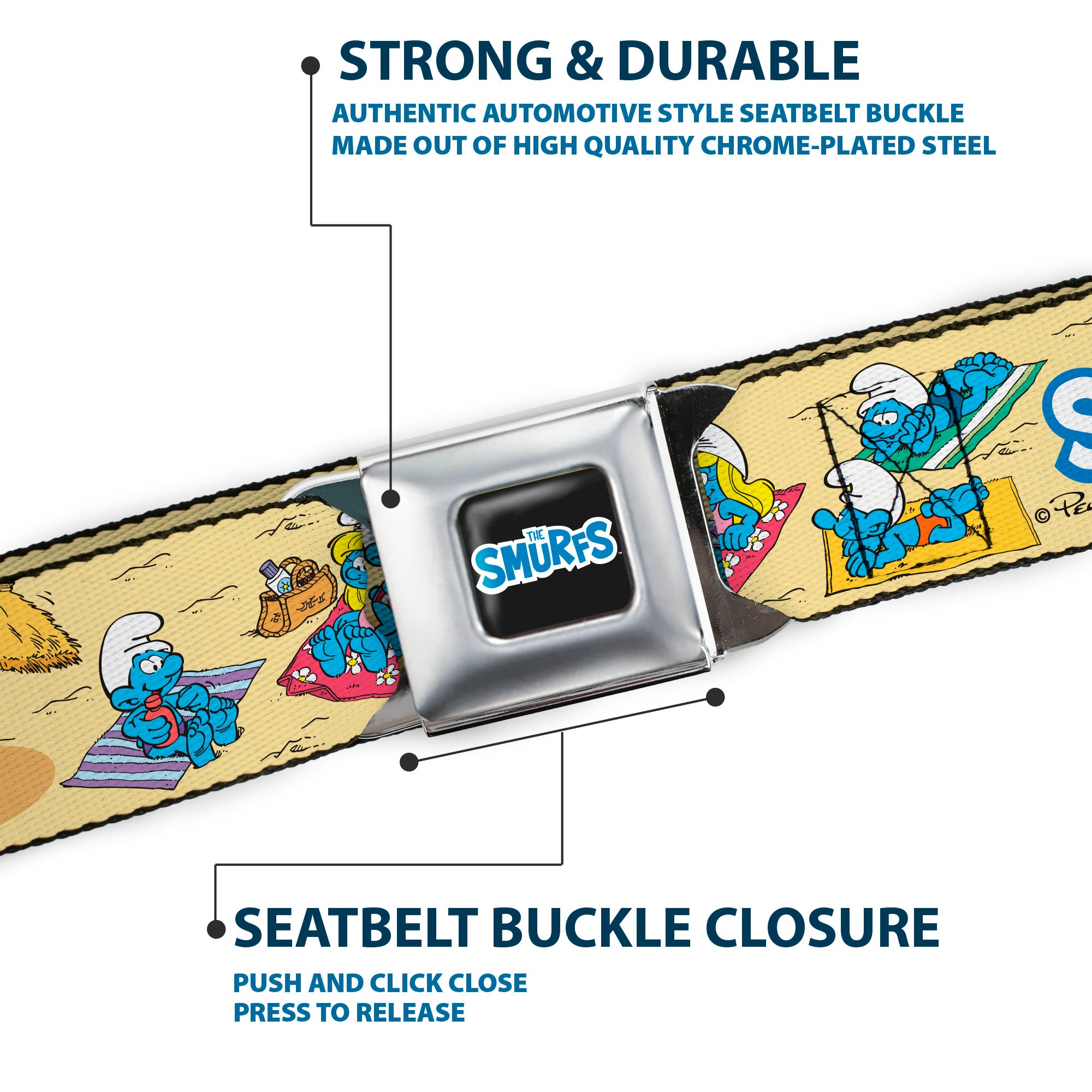 THE SMURFS Title Logo Full Color Black White Blue Seatbelt Belt - THE SMURFS Beach Day Fun Scene and Title Logo Webbing Seatbelt Belts The Smurfs