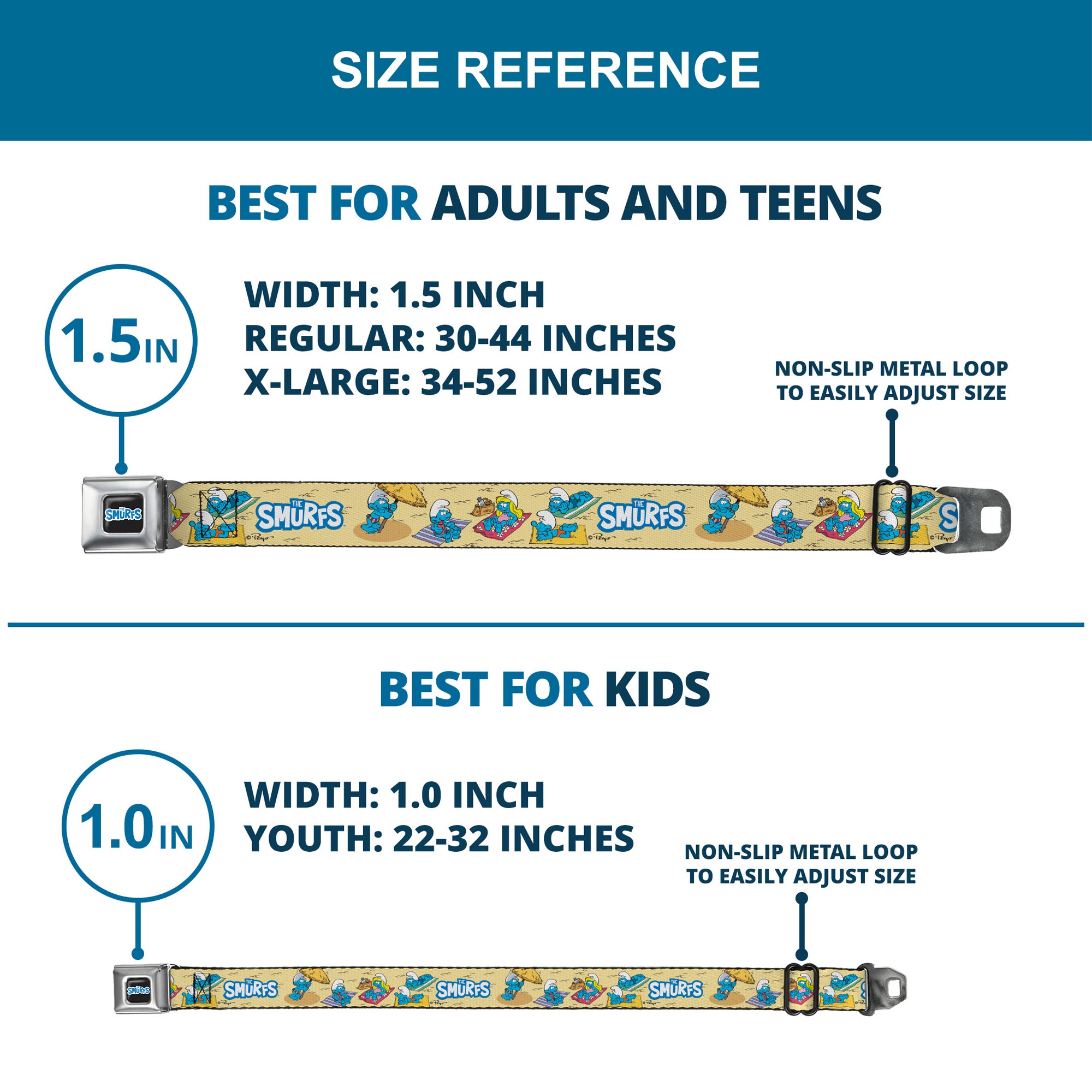 THE SMURFS Title Logo Full Color Black White Blue Seatbelt Belt - THE SMURFS Beach Day Fun Scene and Title Logo Webbing Seatbelt Belts The Smurfs
