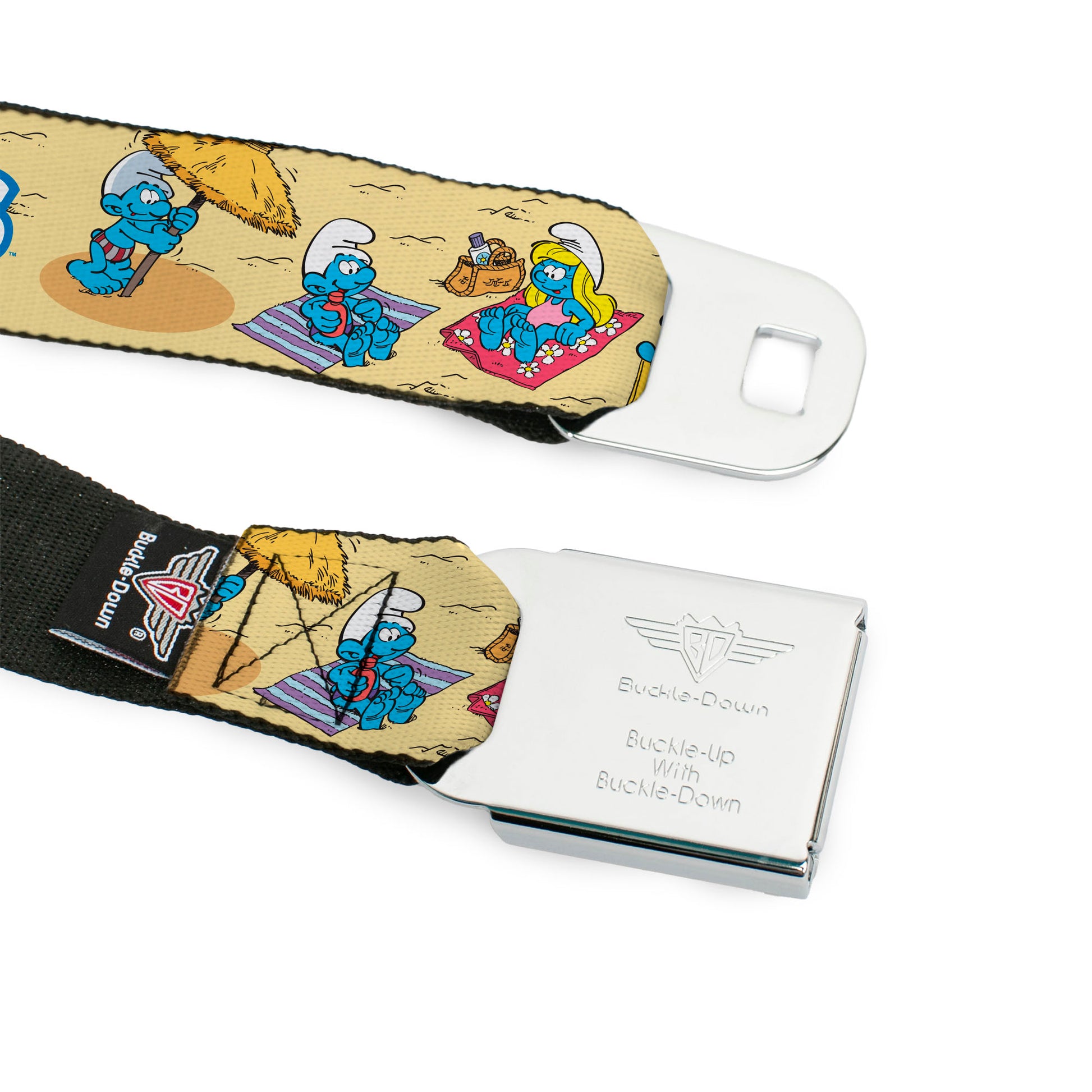 THE SMURFS Title Logo Full Color Black White Blue Seatbelt Belt - THE SMURFS Beach Day Fun Scene and Title Logo Webbing Seatbelt Belts The Smurfs