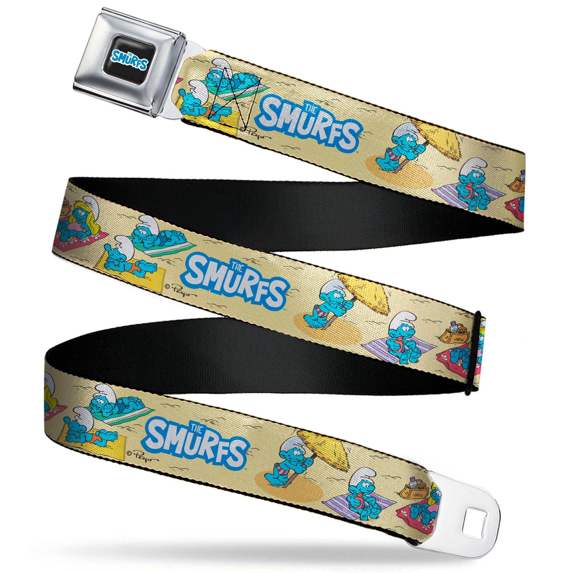 THE SMURFS Title Logo Full Color Black White Blue Seatbelt Belt - THE SMURFS Beach Day Fun Scene and Title Logo Webbing Seatbelt Belts The Smurfs