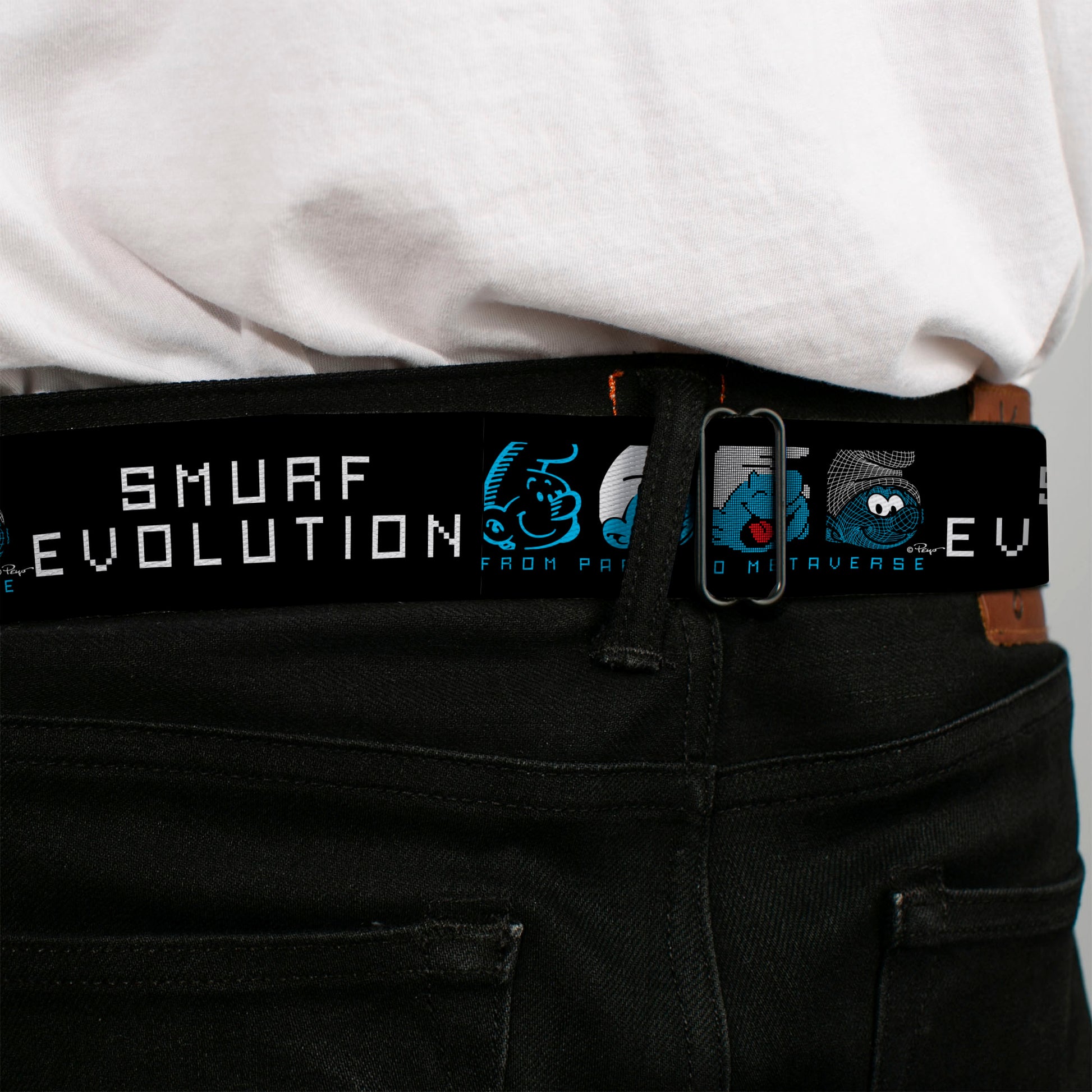 THE SMURFS Title Logo Full Color Black White Blue Seatbelt Belt - SMURF EVOLUTION FROM PAPER TO METAVERSE Smiling Face Black/White/Blues Webbing Seatbelt Belts The Smurfs