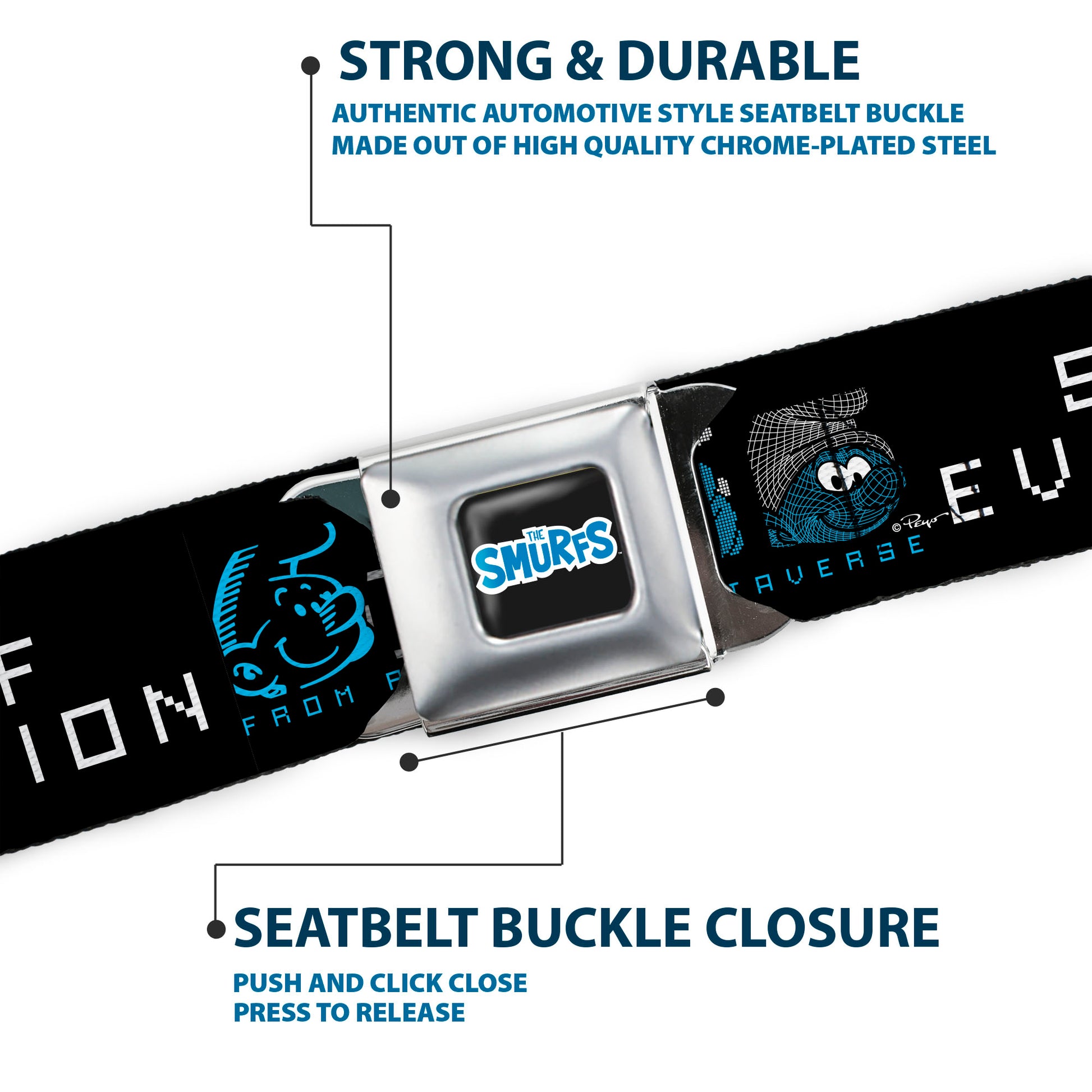 THE SMURFS Title Logo Full Color Black White Blue Seatbelt Belt - SMURF EVOLUTION FROM PAPER TO METAVERSE Smiling Face Black/White/Blues Webbing Seatbelt Belts The Smurfs