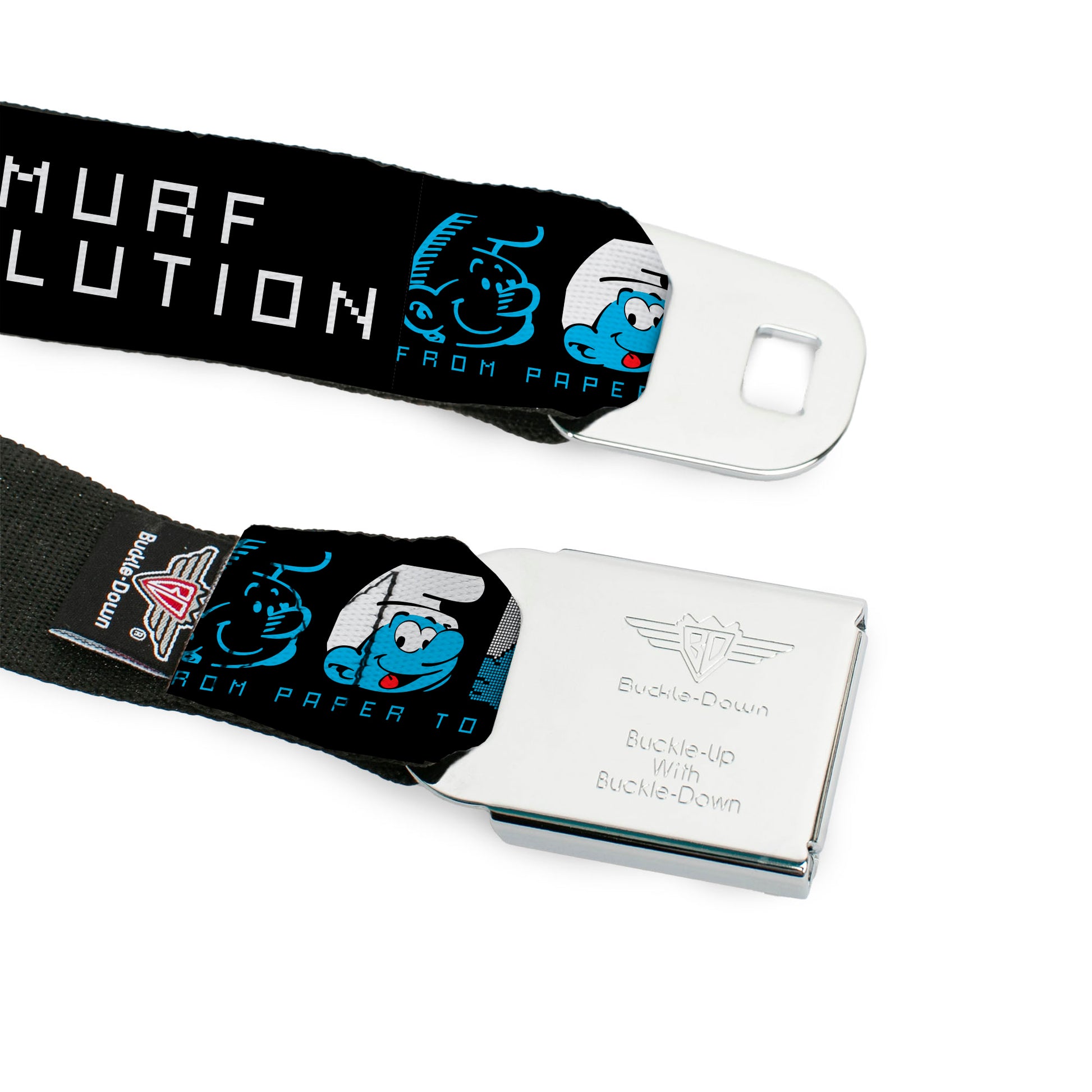 THE SMURFS Title Logo Full Color Black White Blue Seatbelt Belt - SMURF EVOLUTION FROM PAPER TO METAVERSE Smiling Face Black/White/Blues Webbing Seatbelt Belts The Smurfs