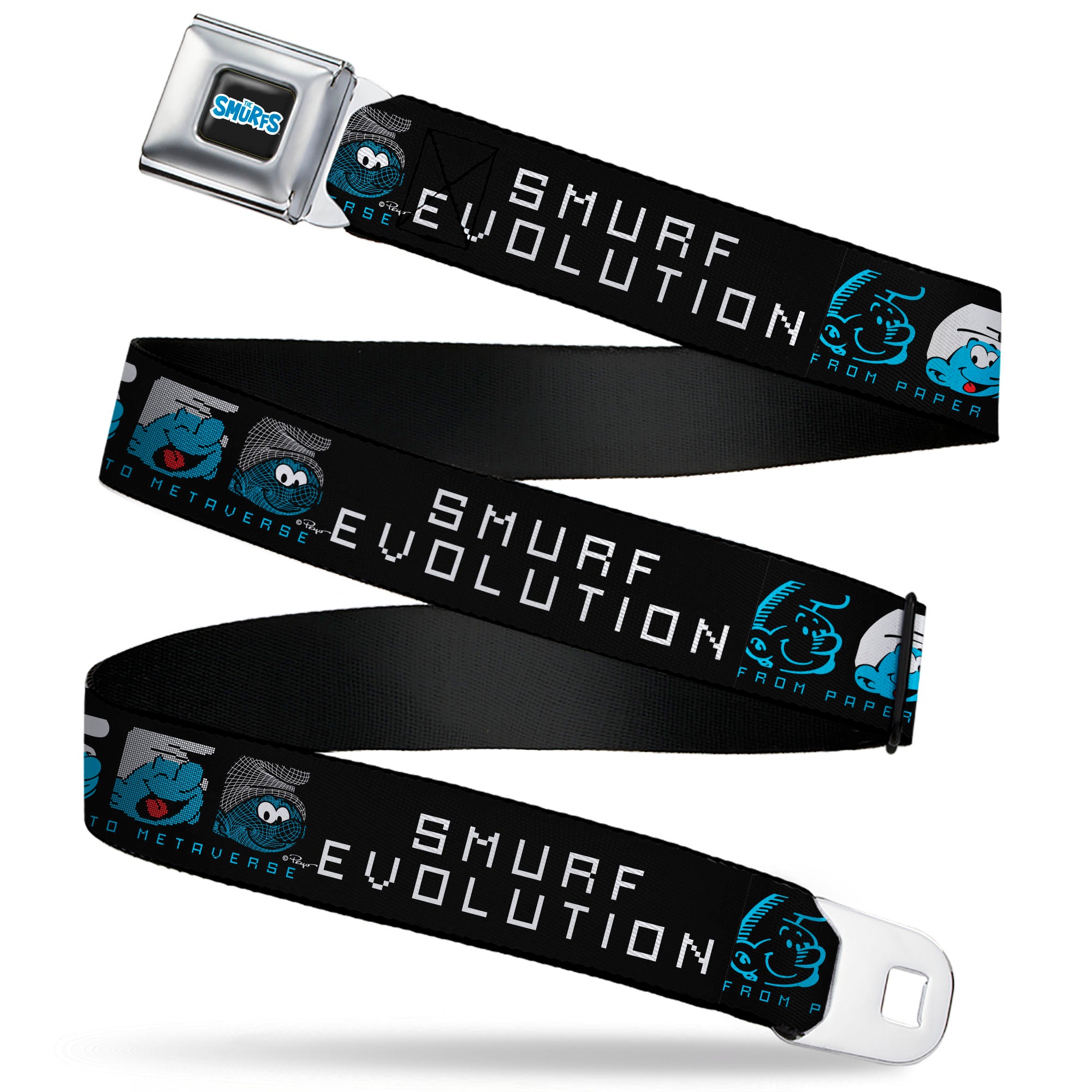 THE SMURFS Title Logo Full Color Black White Blue Seatbelt Belt - SMURF EVOLUTION FROM PAPER TO METAVERSE Smiling Face Black/White/Blues Webbing Seatbelt Belts The Smurfs