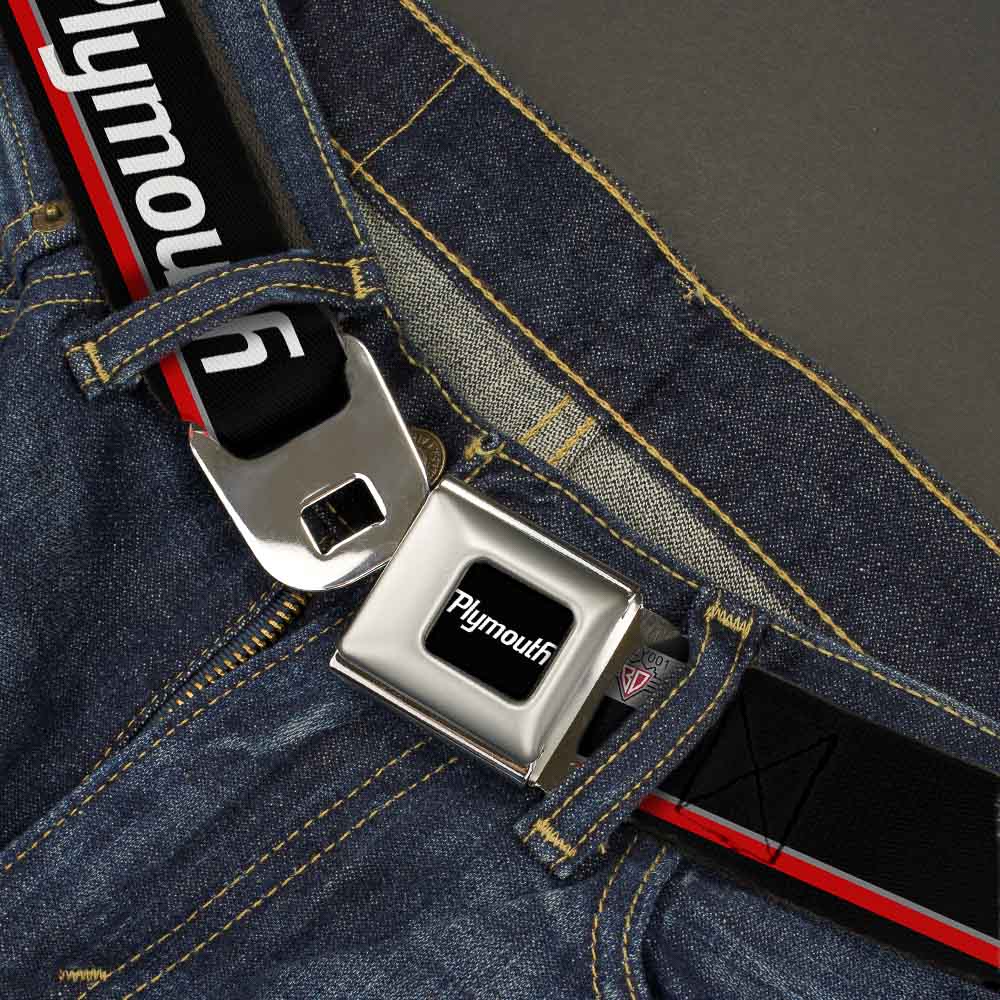 PLYMOUTH Text Logo Full Color Black White Seatbelt Belt - PLYMOUTH Text/Stripe Black/White/Gray/Red Webbing Seatbelt Belts Dodge