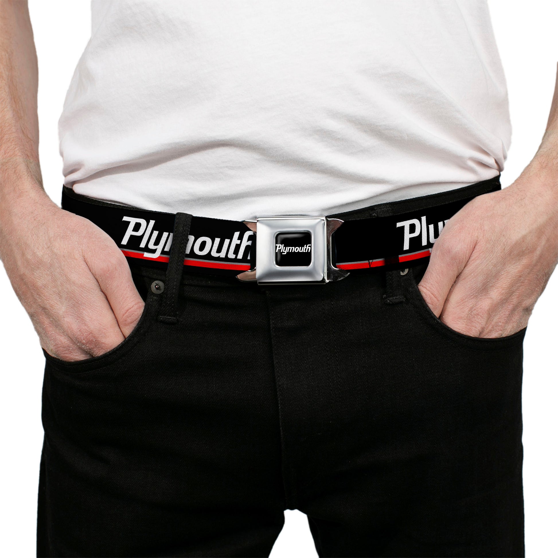 PLYMOUTH Text Logo Full Color Black White Seatbelt Belt - PLYMOUTH Text/Stripe Black/White/Gray/Red Webbing Seatbelt Belts Dodge
