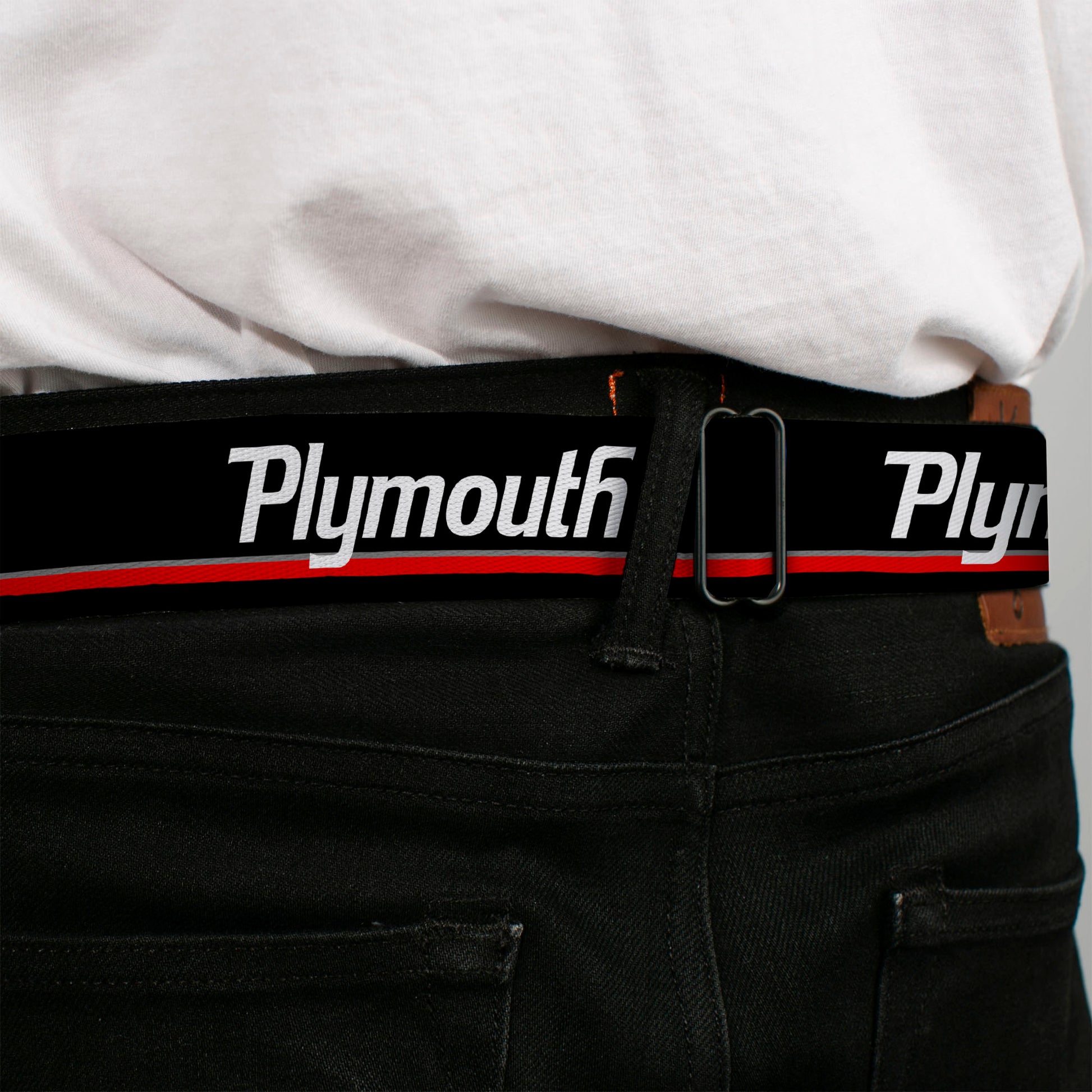 PLYMOUTH Text Logo Full Color Black White Seatbelt Belt - PLYMOUTH Text/Stripe Black/White/Gray/Red Webbing Seatbelt Belts Dodge