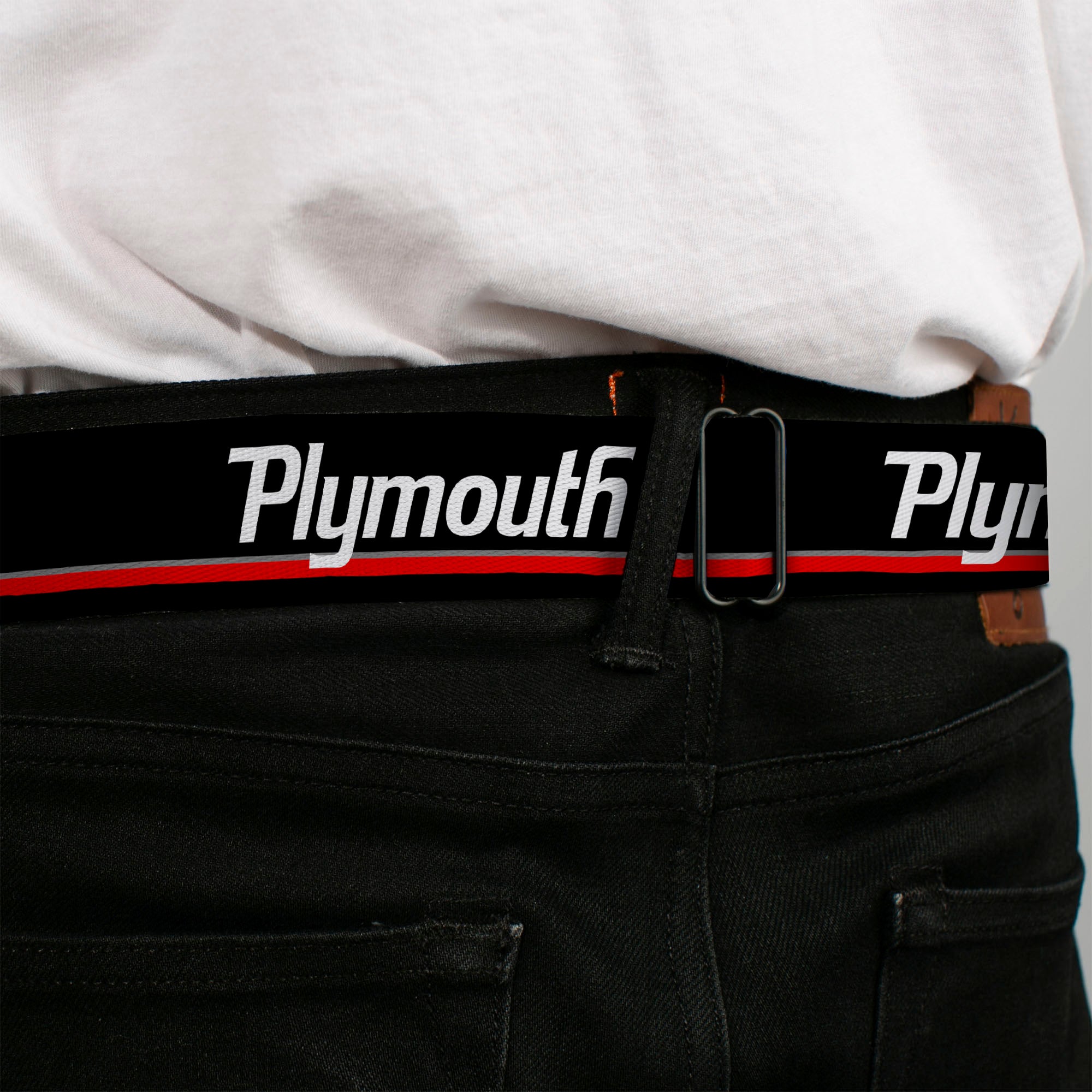 PLYMOUTH Text Logo Full Color Black White Seatbelt Belt - PLYMOUTH Text/Stripe Black/White/Gray/Red Webbing Seatbelt Belts Dodge