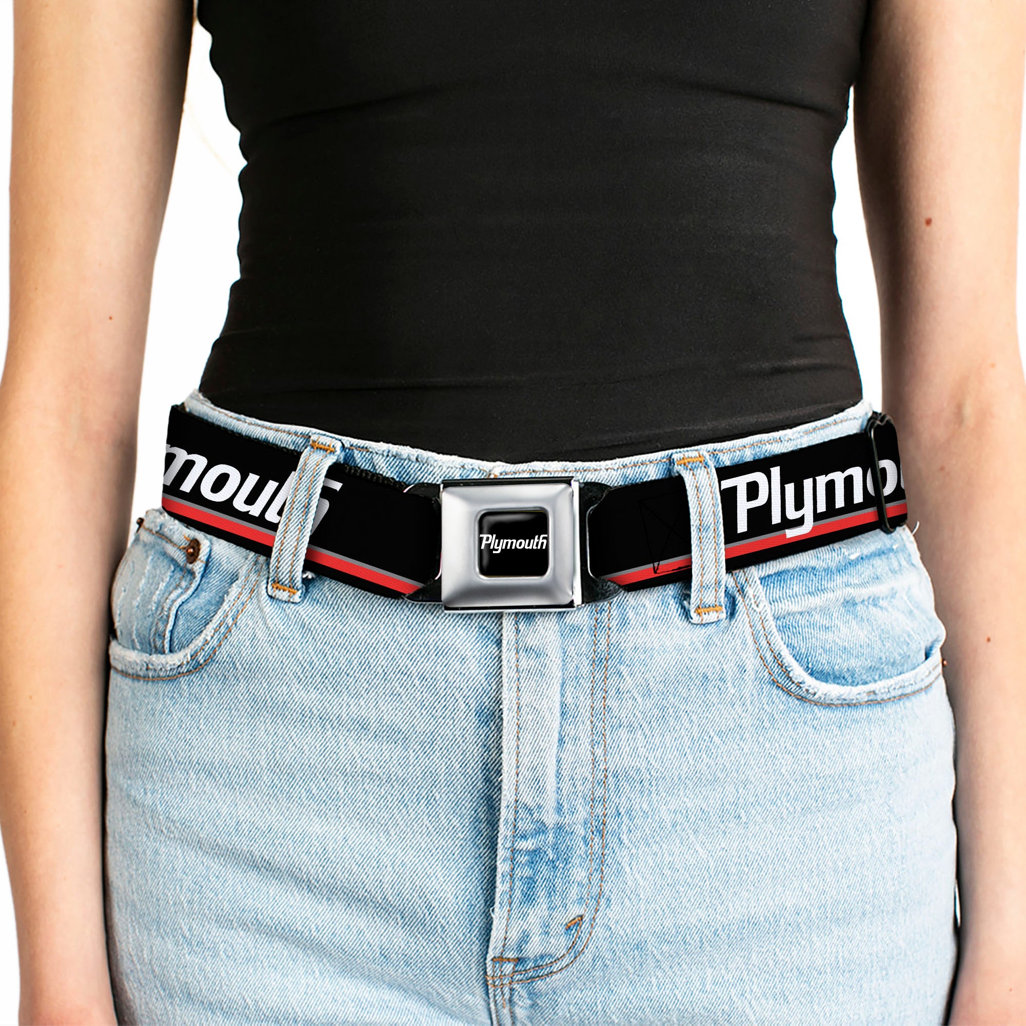 PLYMOUTH Text Logo Full Color Black White Seatbelt Belt - PLYMOUTH Text/Stripe Black/White/Gray/Red Webbing Seatbelt Belts Dodge