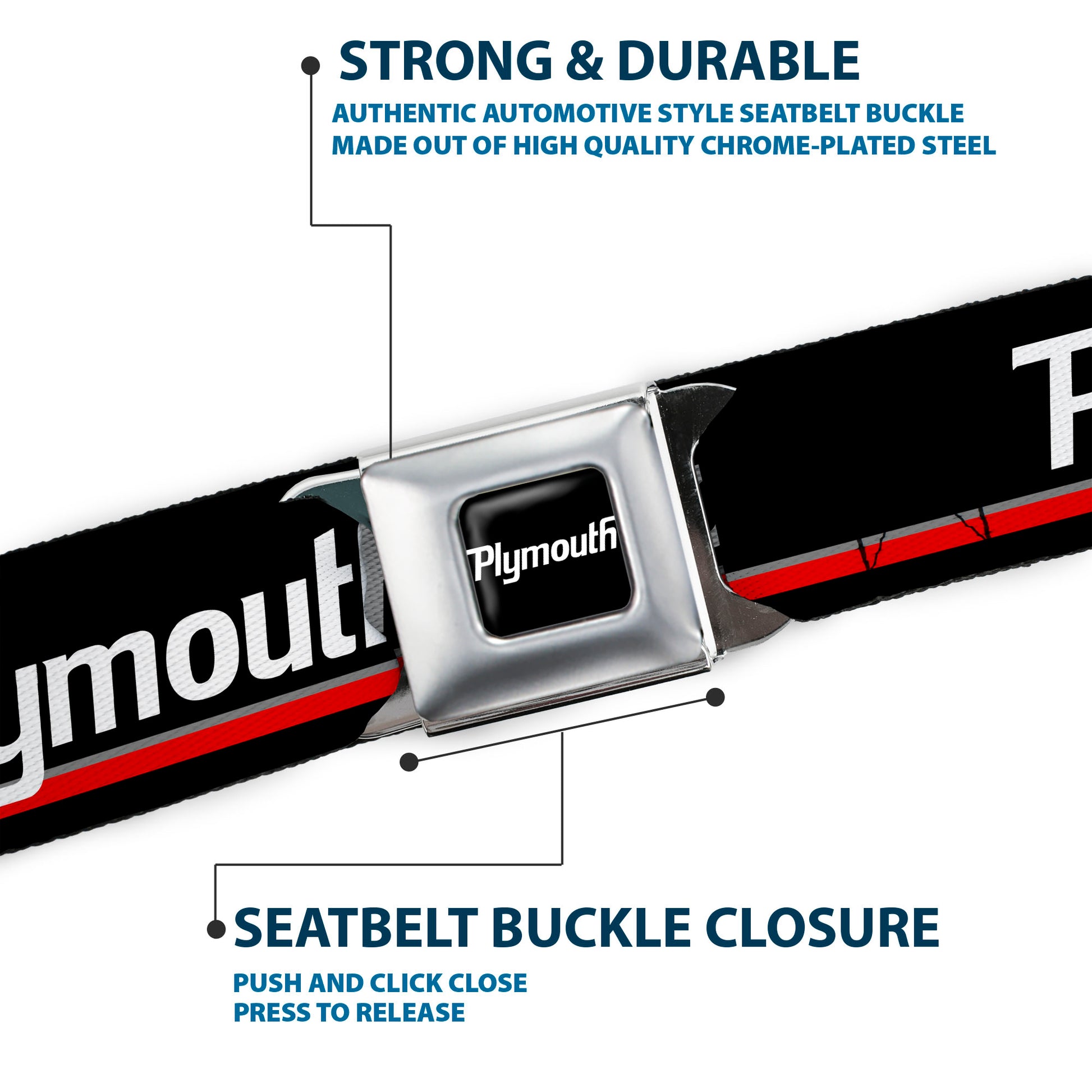 PLYMOUTH Text Logo Full Color Black White Seatbelt Belt - PLYMOUTH Text/Stripe Black/White/Gray/Red Webbing Seatbelt Belts Dodge
