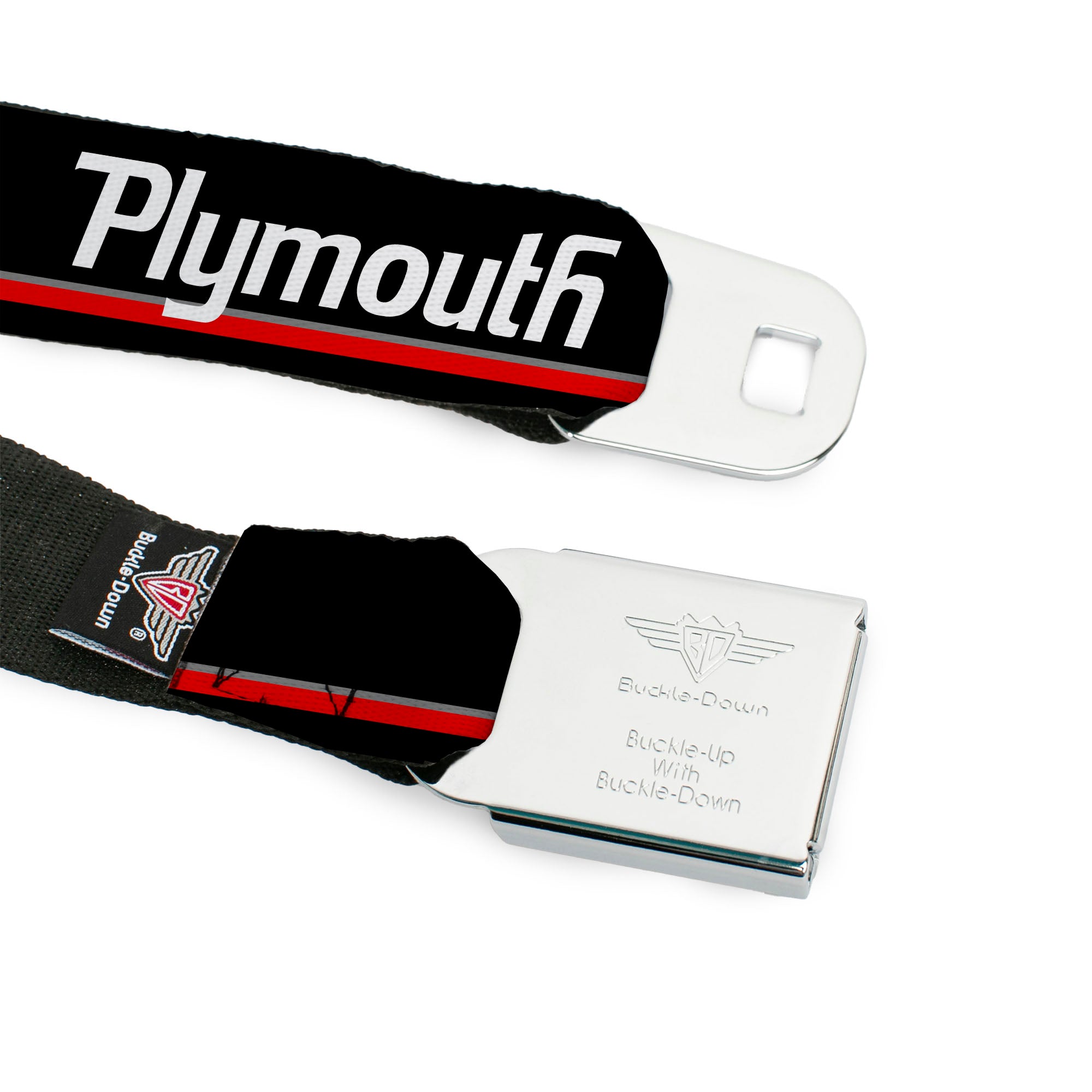 PLYMOUTH Text Logo Full Color Black White Seatbelt Belt - PLYMOUTH Text/Stripe Black/White/Gray/Red Webbing Seatbelt Belts Dodge