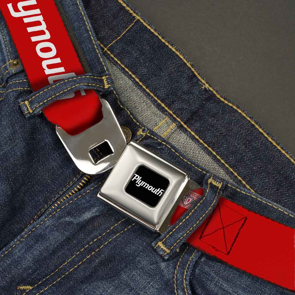 PLYMOUTH Text Logo Full Color Black White Seatbelt Belt - PLYMOUTH Text Logo Red/White Webbing Seatbelt Belts Dodge