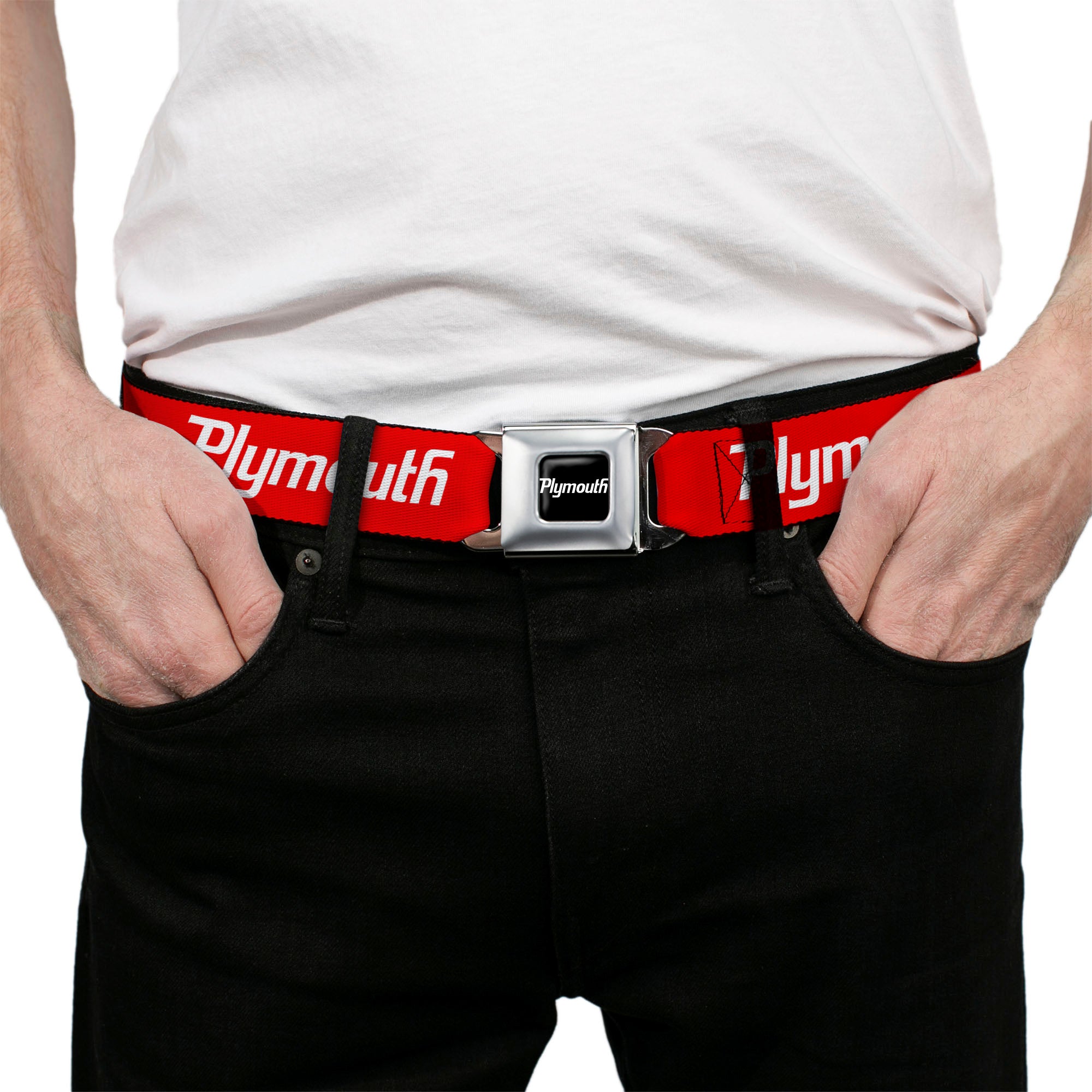 PLYMOUTH Text Logo Full Color Black White Seatbelt Belt - PLYMOUTH Text Logo Red/White Webbing Seatbelt Belts Dodge