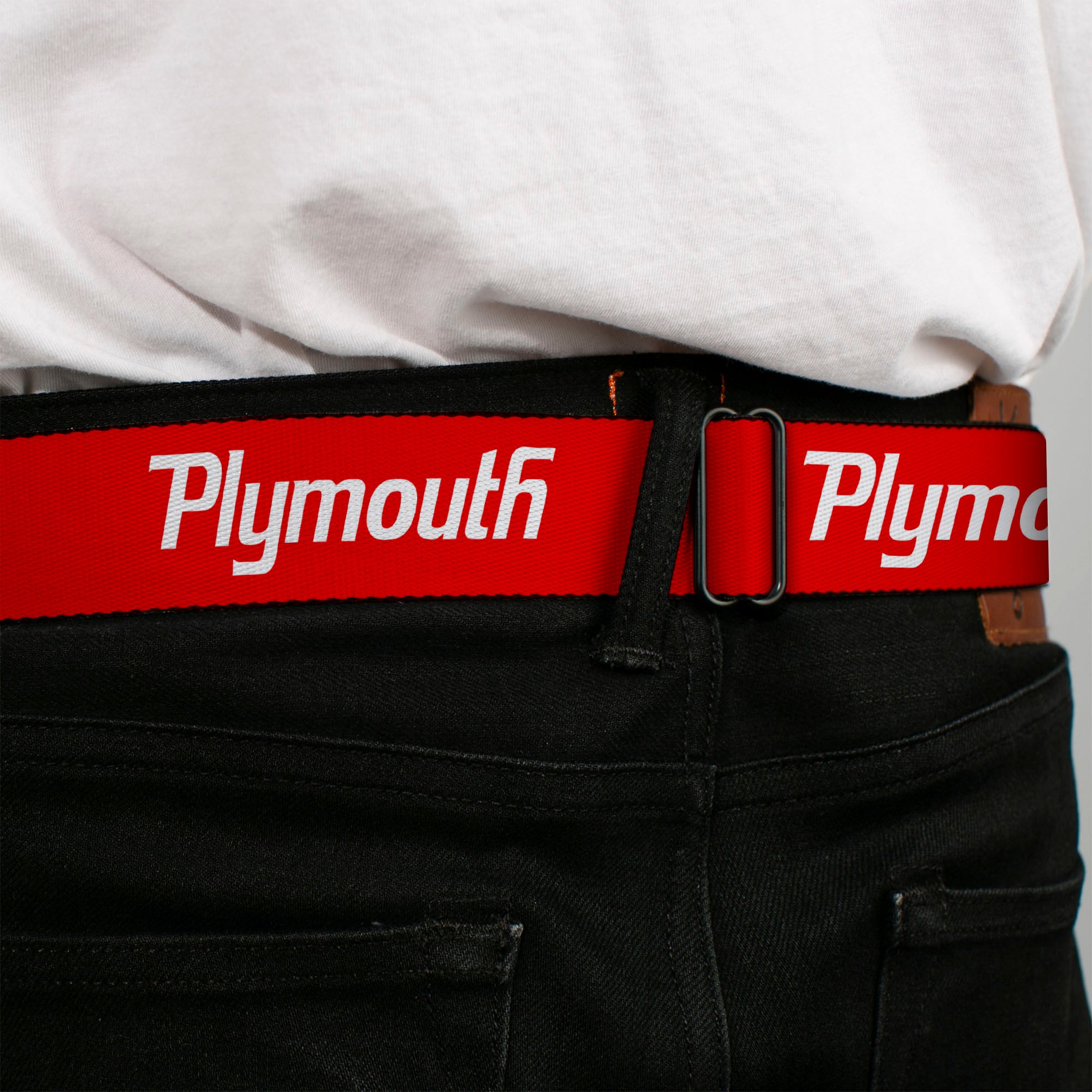 PLYMOUTH Text Logo Full Color Black White Seatbelt Belt - PLYMOUTH Text Logo Red/White Webbing Seatbelt Belts Dodge