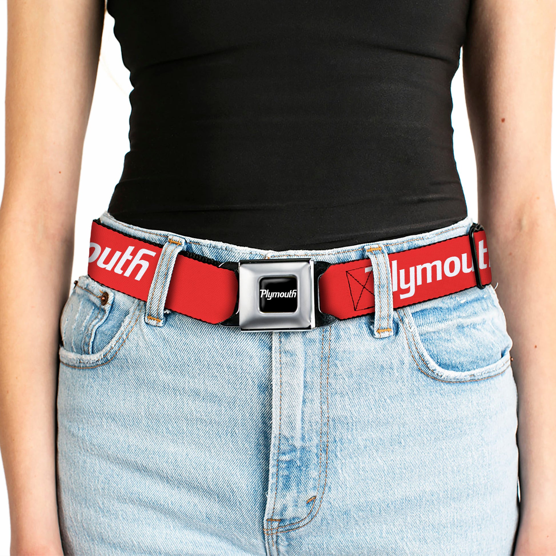 PLYMOUTH Text Logo Full Color Black White Seatbelt Belt - PLYMOUTH Text Logo Red/White Webbing Seatbelt Belts Dodge