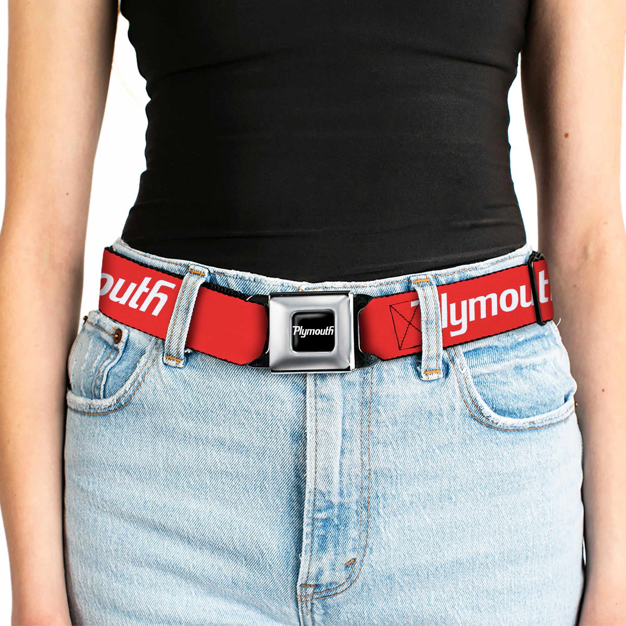 PLYMOUTH Text Logo Full Color Black White Seatbelt Belt - PLYMOUTH Text Logo Red/White Webbing Seatbelt Belts Dodge
