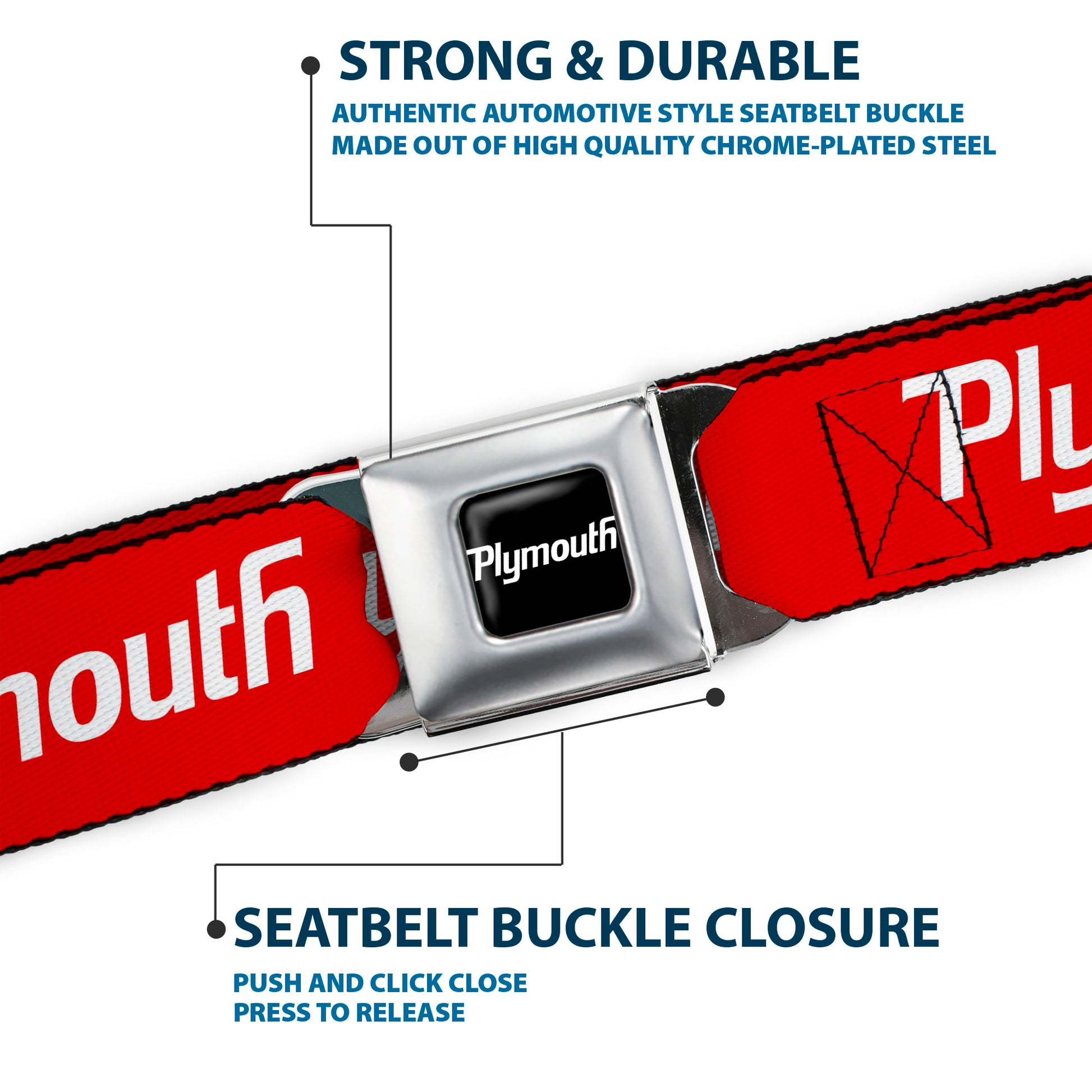 PLYMOUTH Text Logo Full Color Black White Seatbelt Belt - PLYMOUTH Text Logo Red/White Webbing Seatbelt Belts Dodge
