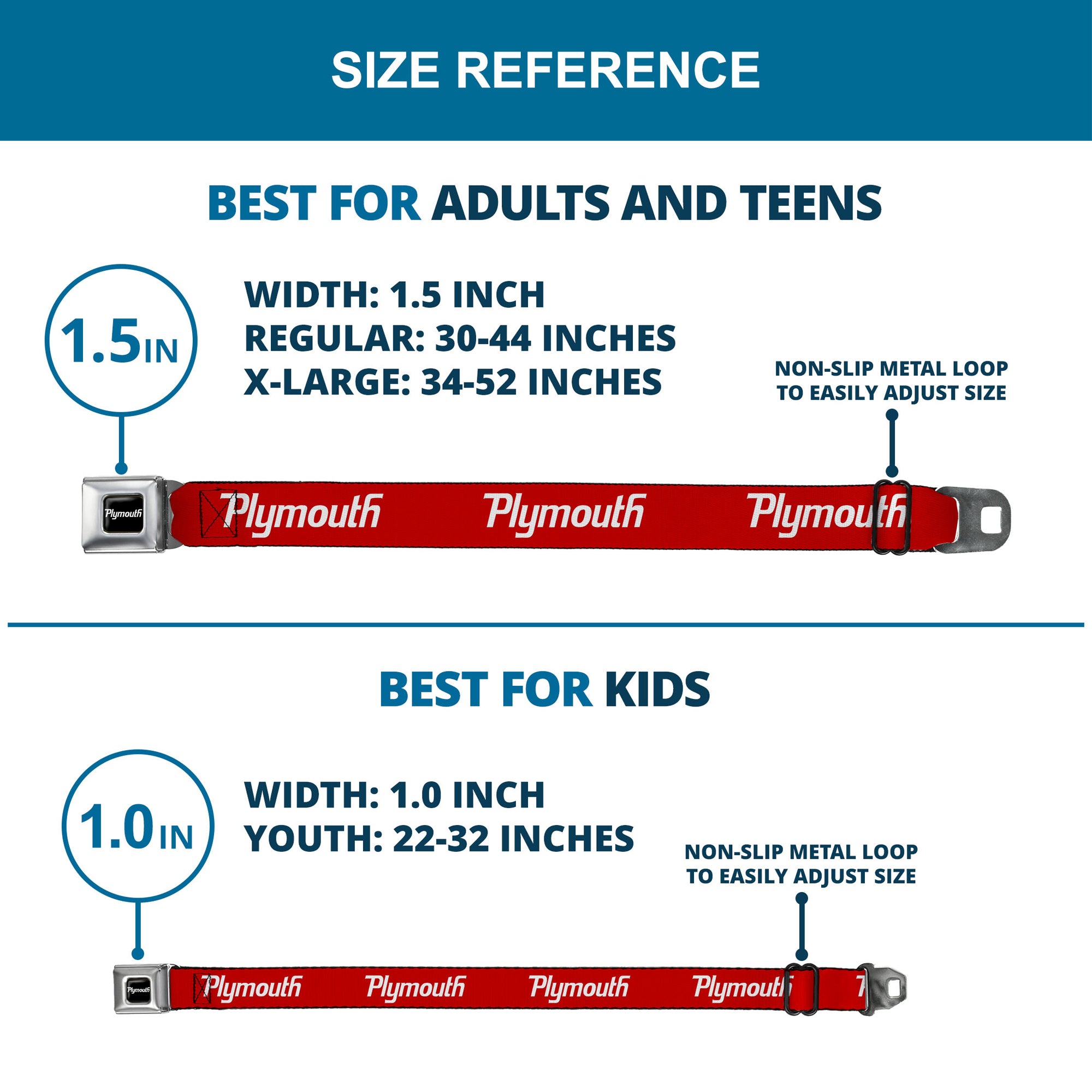 PLYMOUTH Text Logo Full Color Black White Seatbelt Belt - PLYMOUTH Text Logo Red/White Webbing Seatbelt Belts Dodge