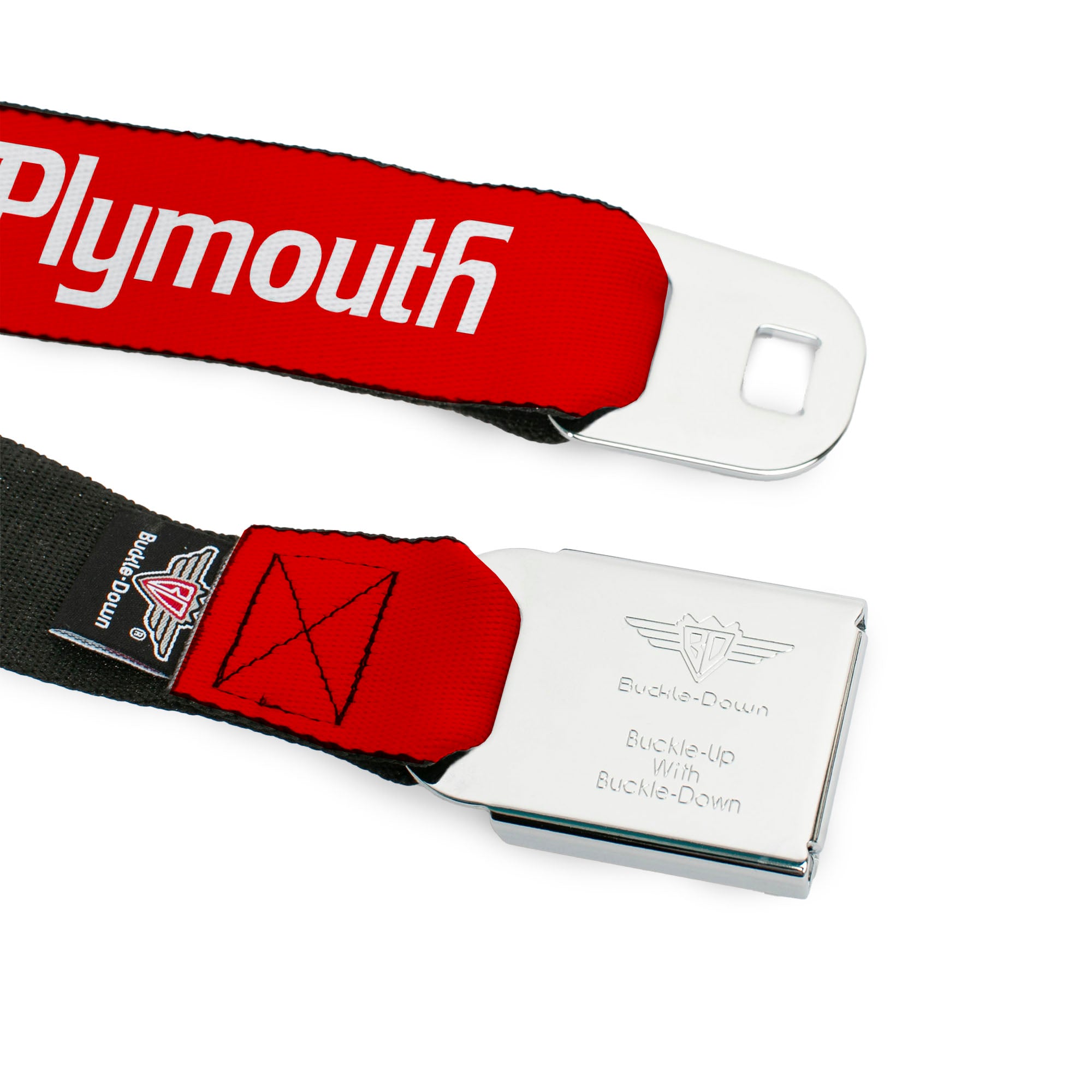 PLYMOUTH Text Logo Full Color Black White Seatbelt Belt - PLYMOUTH Text Logo Red/White Webbing Seatbelt Belts Dodge