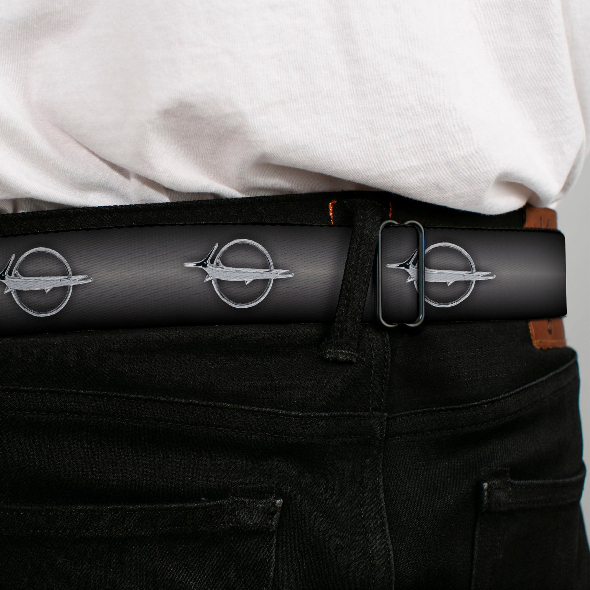 Barracuda Emblem Full Color Black Silver Seatbelt Belt - Barracuda Emblem Repeat Gray Fade/Silver Webbing Seatbelt Belts Dodge