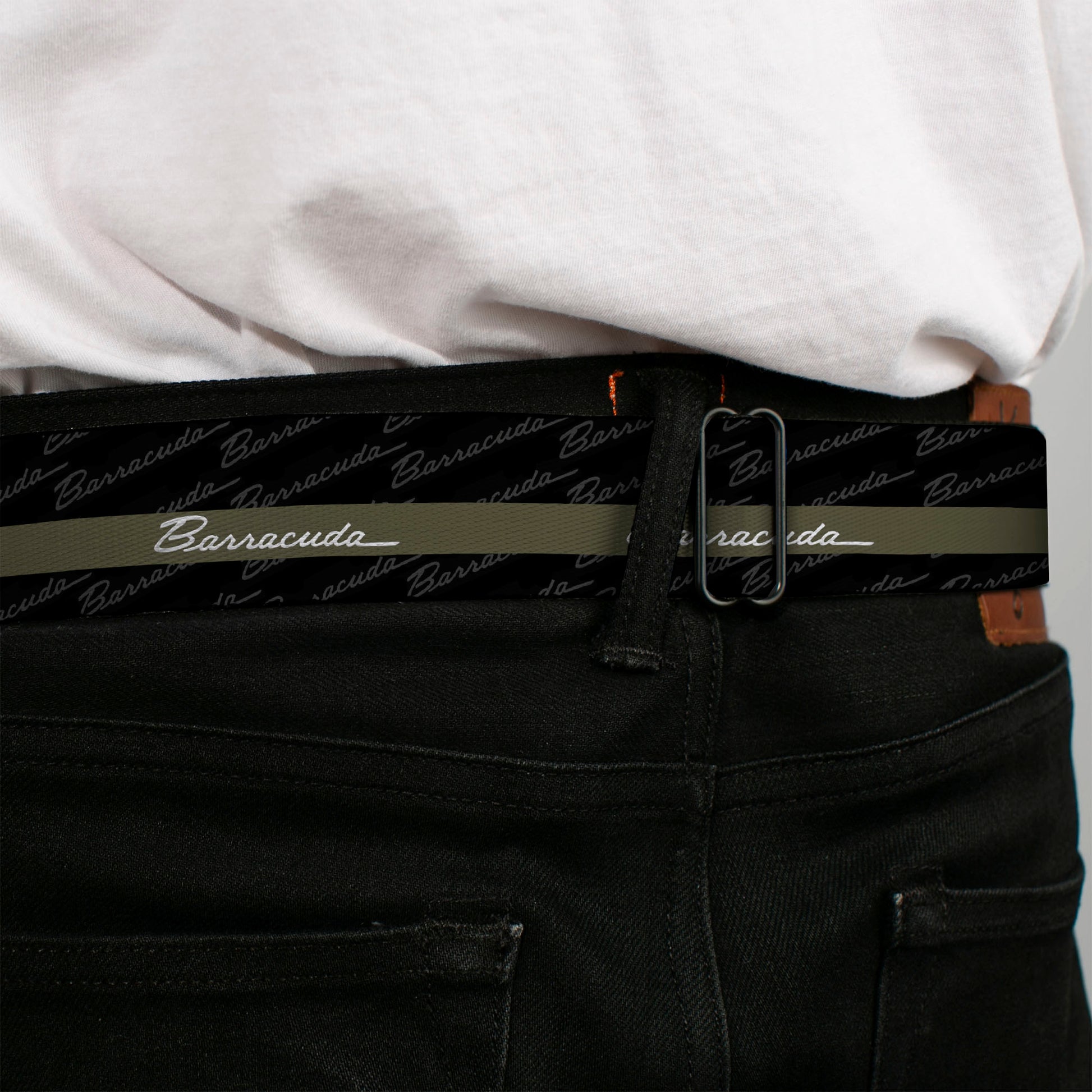 BARRACUDA Script Logo Full Color Black White Seatbelt Belt - BARRACUDA Script Stripe/Monogram Black/Gray/Olive/Silver Webbing Seatbelt Belts Dodge