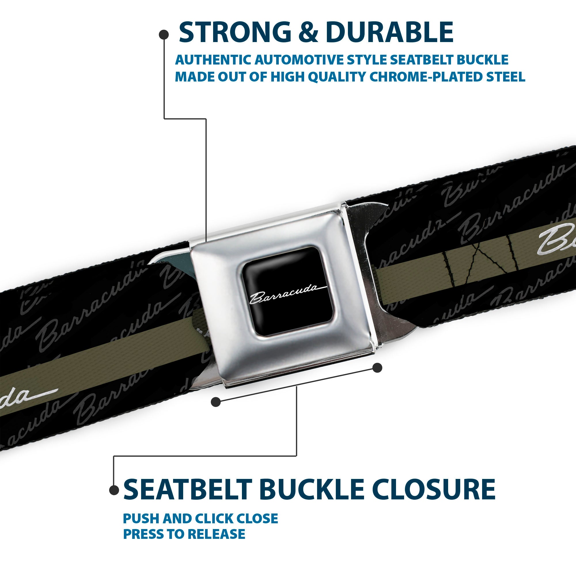 BARRACUDA Script Logo Full Color Black White Seatbelt Belt - BARRACUDA Script Stripe/Monogram Black/Gray/Olive/Silver Webbing Seatbelt Belts Dodge