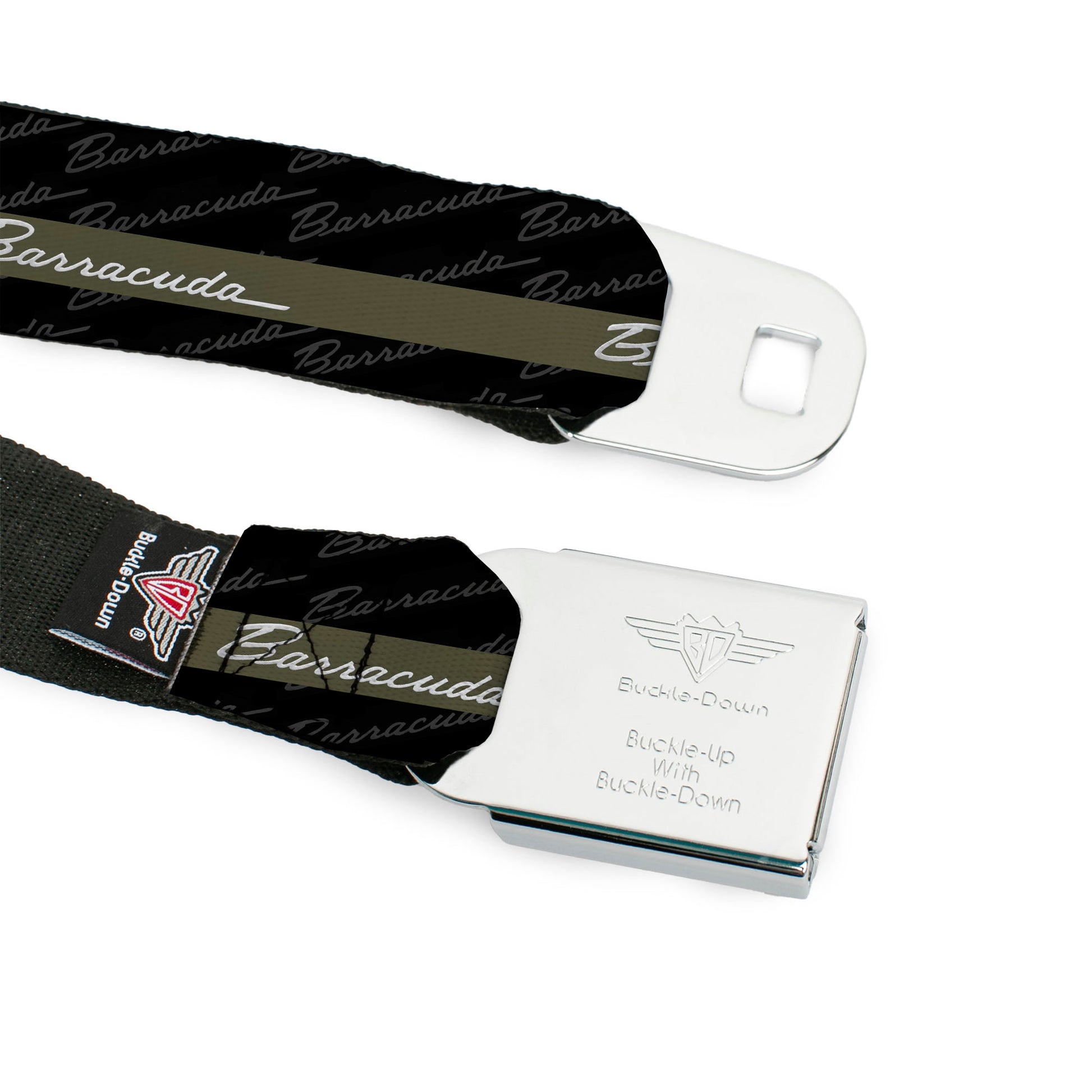BARRACUDA Script Logo Full Color Black White Seatbelt Belt - BARRACUDA Script Stripe/Monogram Black/Gray/Olive/Silver Webbing Seatbelt Belts Dodge