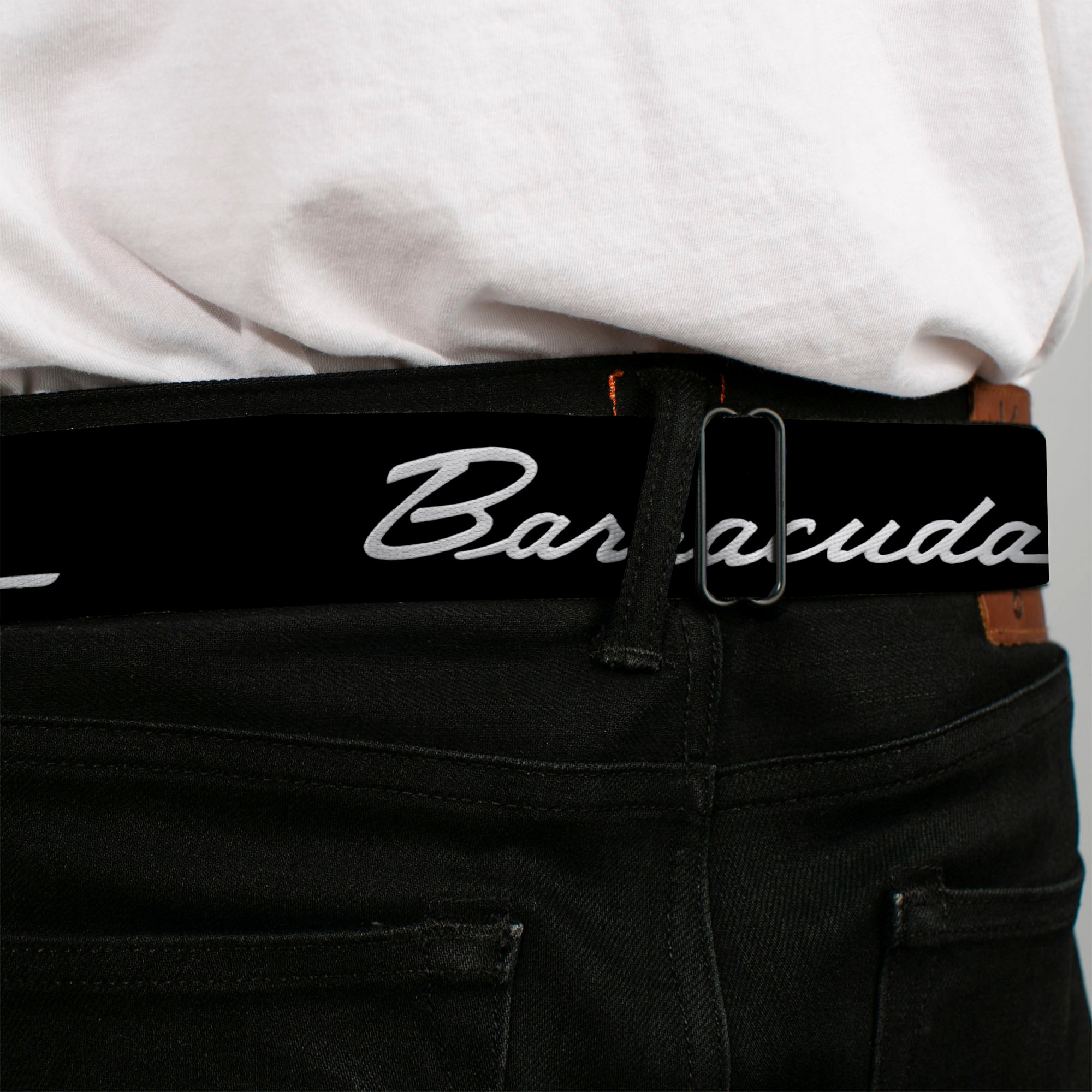 BARRACUDA Script Logo Full Color Black White Seatbelt Belt - BARRACUDA Script Logo Black/Silver Webbing Seatbelt Belts Dodge