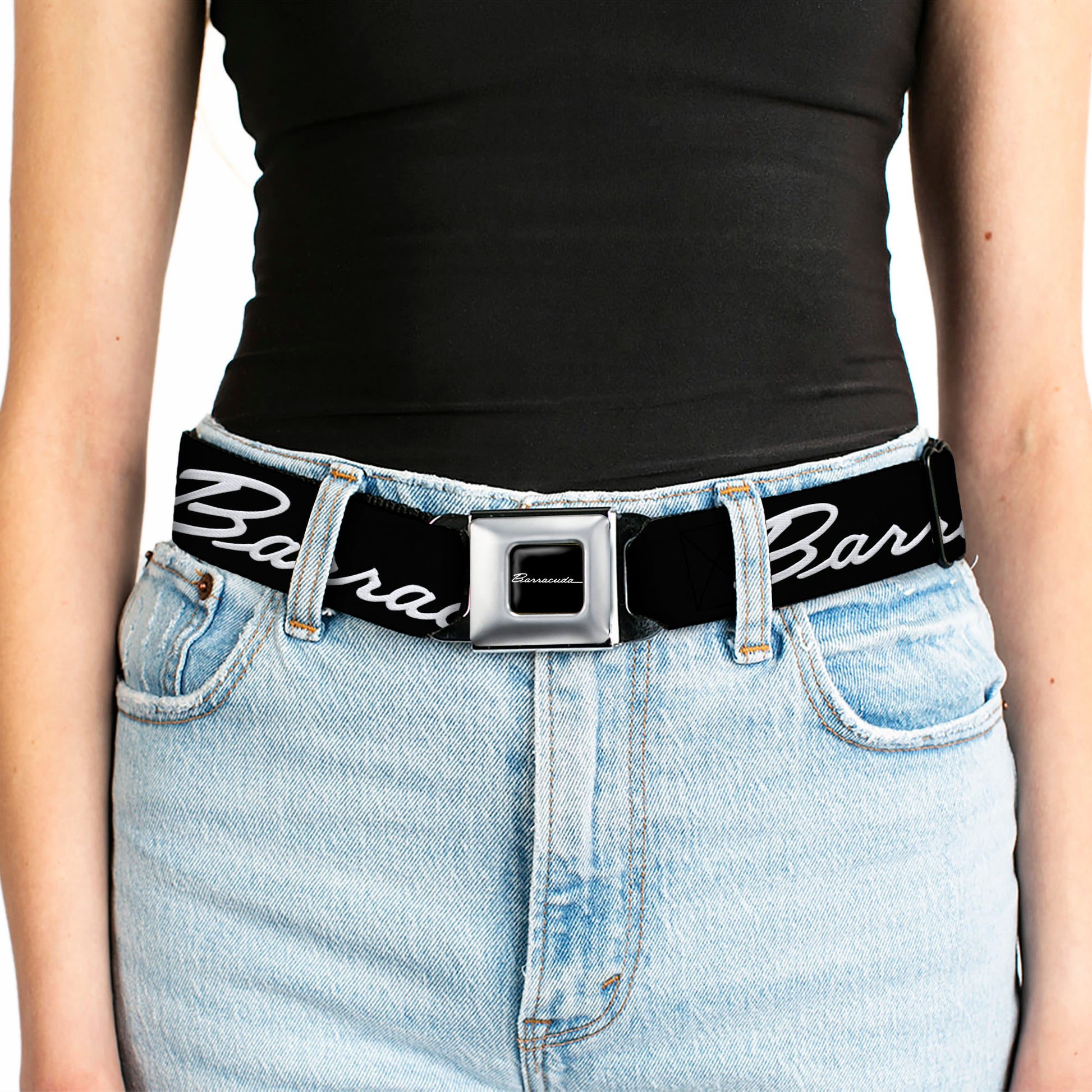 BARRACUDA Script Logo Full Color Black White Seatbelt Belt - BARRACUDA Script Logo Black/Silver Webbing Seatbelt Belts Dodge