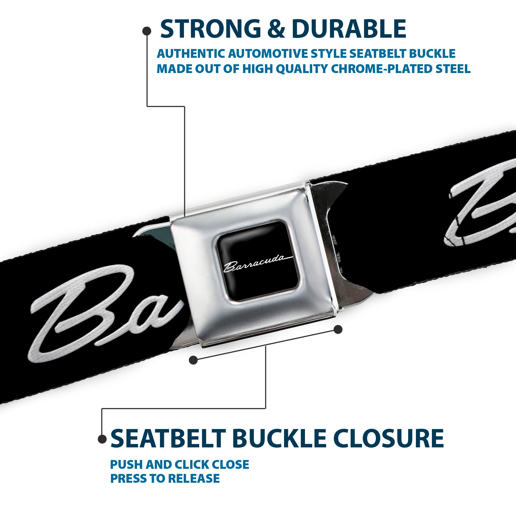 BARRACUDA Script Logo Full Color Black White Seatbelt Belt - BARRACUDA Script Logo Black/Silver Webbing Seatbelt Belts Dodge