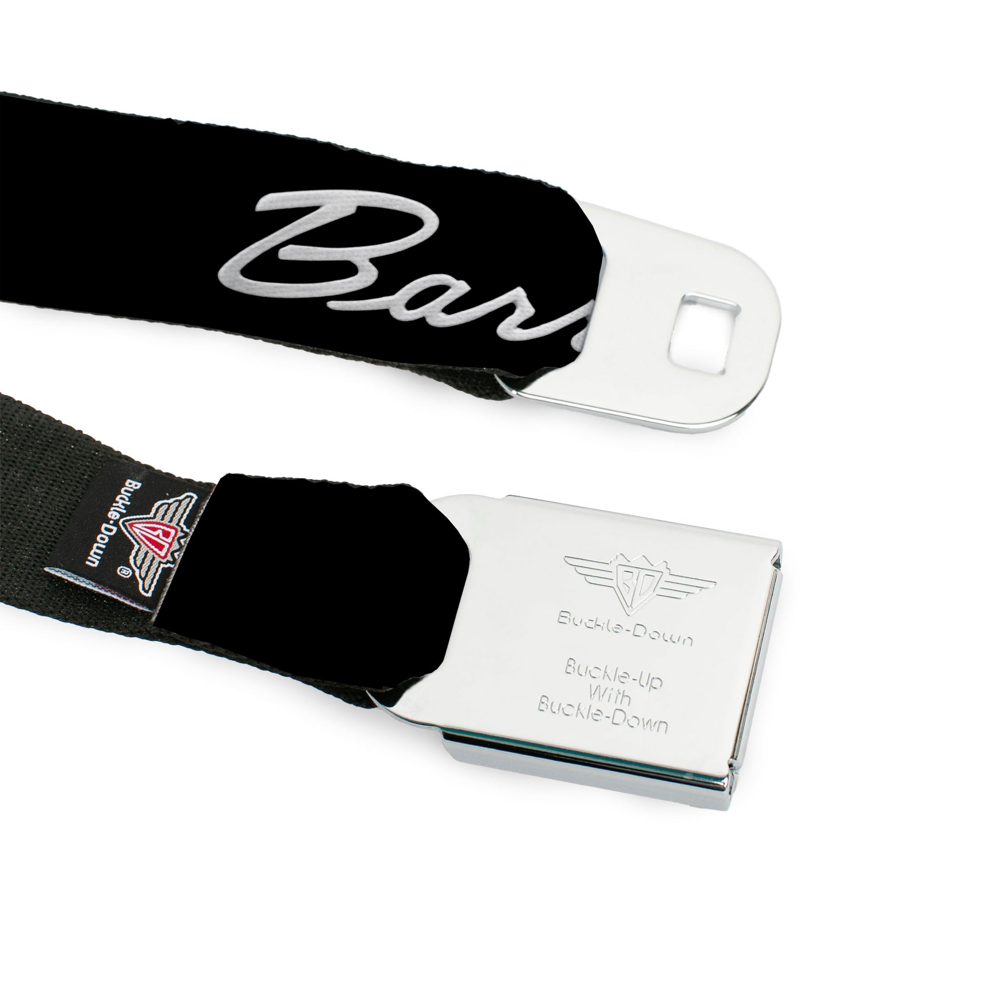 BARRACUDA Script Logo Full Color Black White Seatbelt Belt - BARRACUDA Script Logo Black/Silver Webbing Seatbelt Belts Dodge