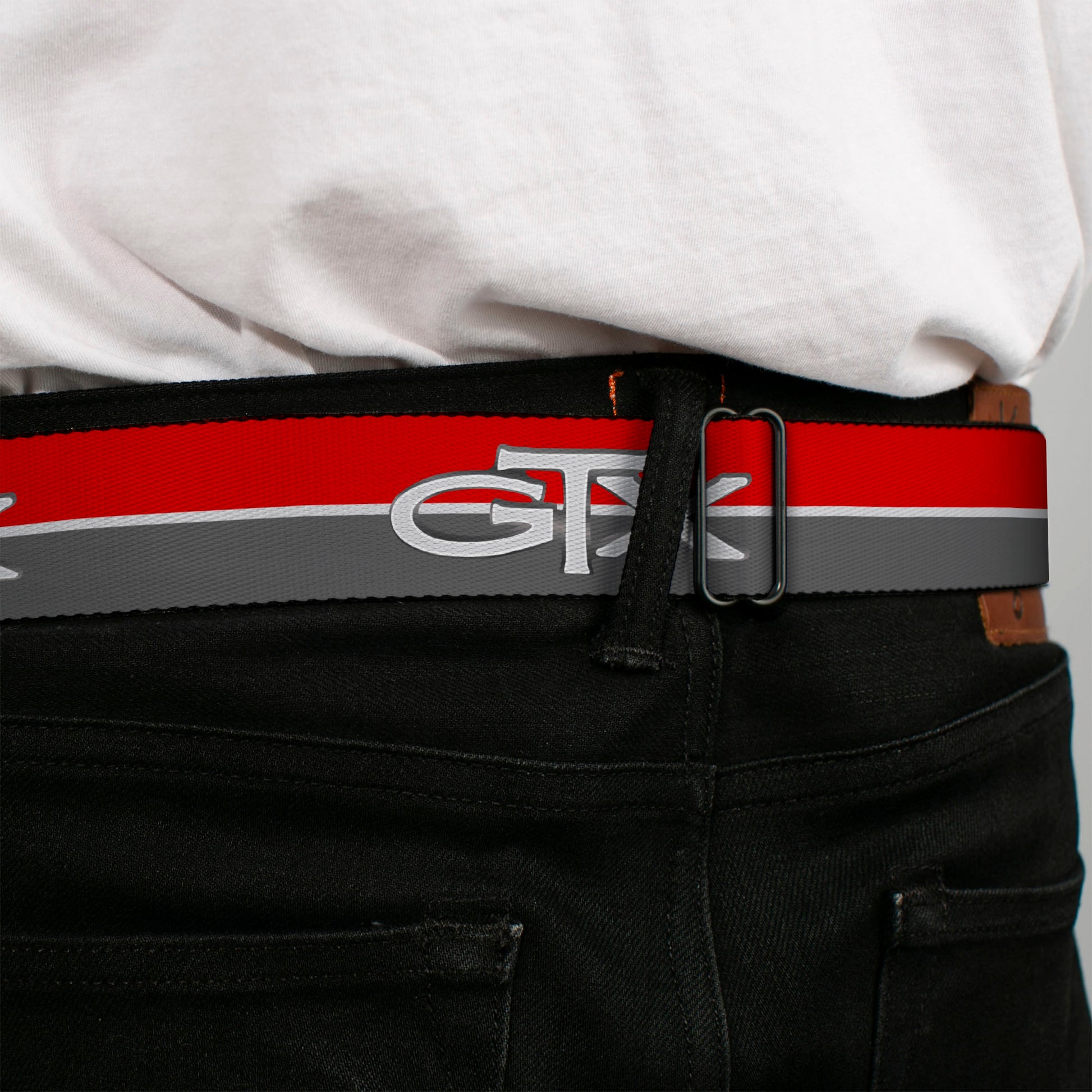 Plymouth GTX Emblem Full Color Black Silver Fade White Seatbelt Belt - Plymouth GTX Emblem/Stripe Red/White/Grays Webbing Seatbelt Belts Dodge