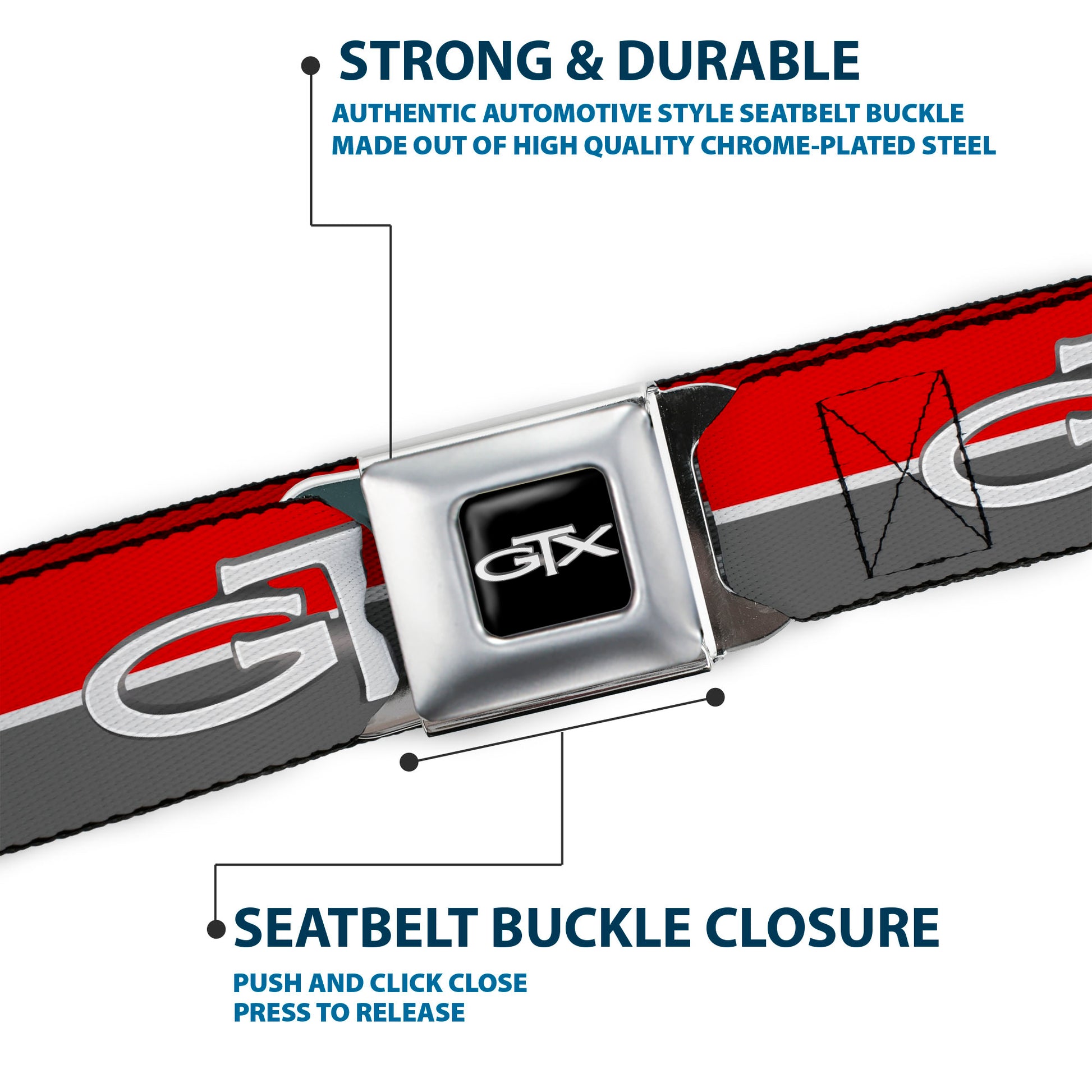 Plymouth GTX Emblem Full Color Black Silver Fade White Seatbelt Belt - Plymouth GTX Emblem/Stripe Red/White/Grays Webbing Seatbelt Belts Dodge