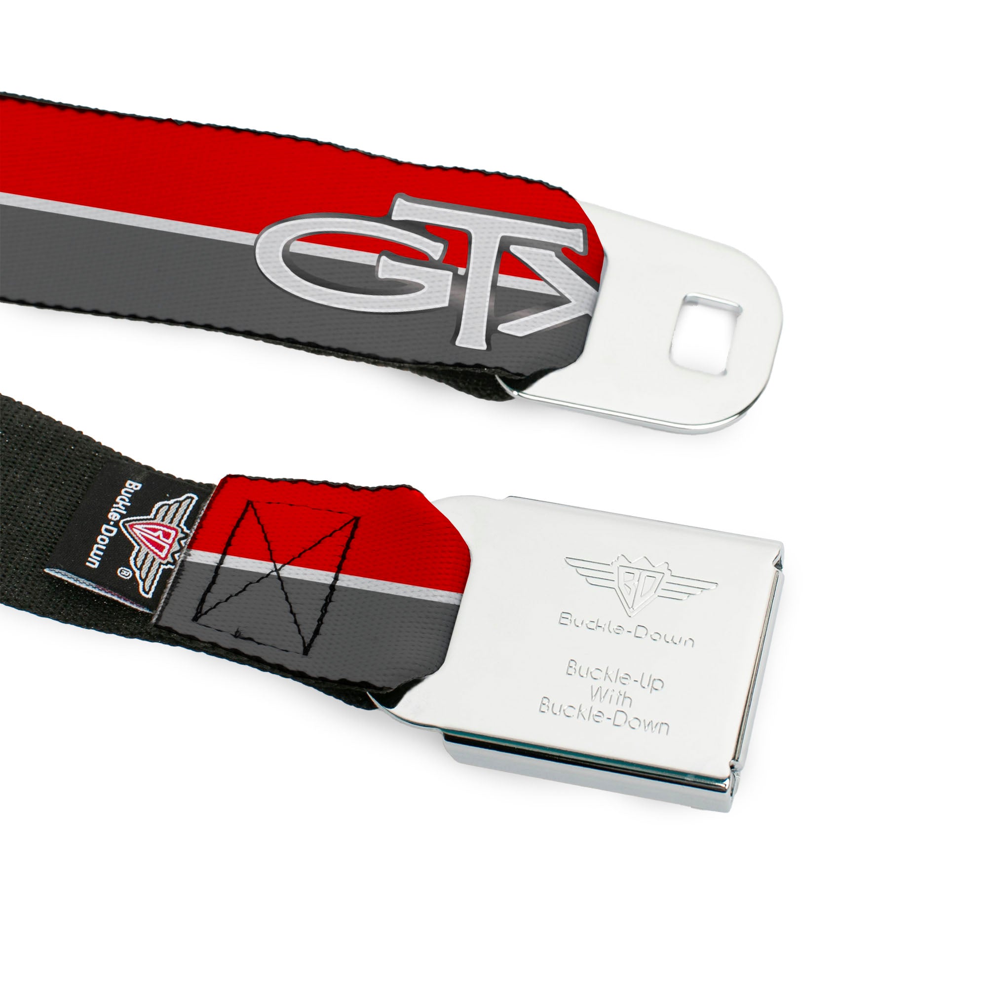 Plymouth GTX Emblem Full Color Black Silver Fade White Seatbelt Belt - Plymouth GTX Emblem/Stripe Red/White/Grays Webbing Seatbelt Belts Dodge