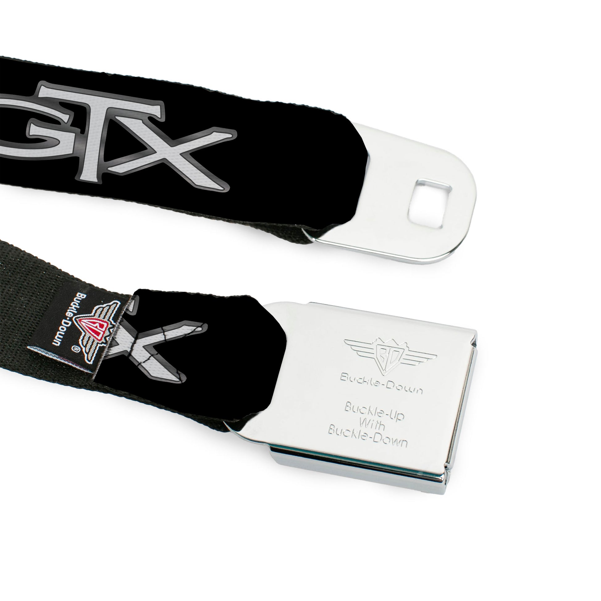 Plymouth GTX Emblem Full Color Black Silver Fade White Seatbelt Belt - Plymouth GTX Emblem Black/Silver Fade/White Webbing Seatbelt Belts Dodge