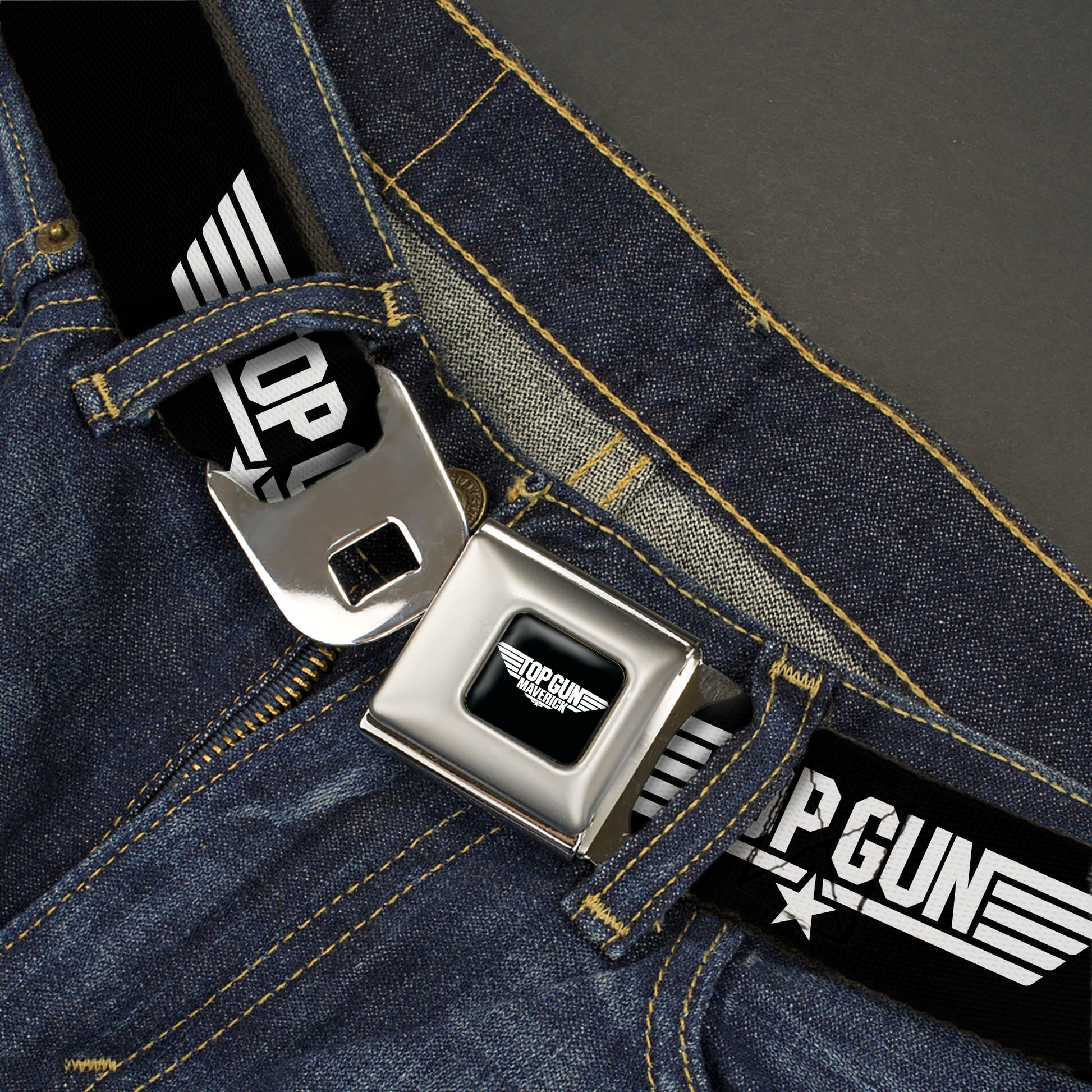 TOP GUN Title Logo Full Color Black/White Seatbelt Belt - TOP GUN Title Logo Black/White Webbing Seatbelt Belts Top Gun
