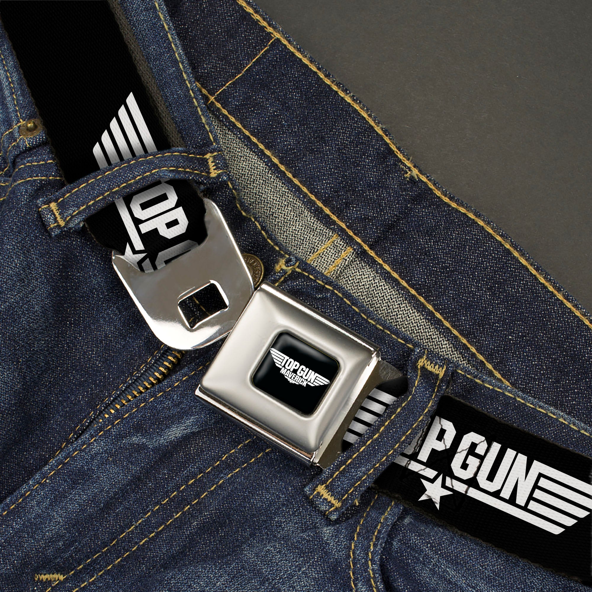 TOP GUN Title Logo Full Color Black/White Seatbelt Belt - TOP GUN Title Logo Black/White Webbing Seatbelt Belts Top Gun