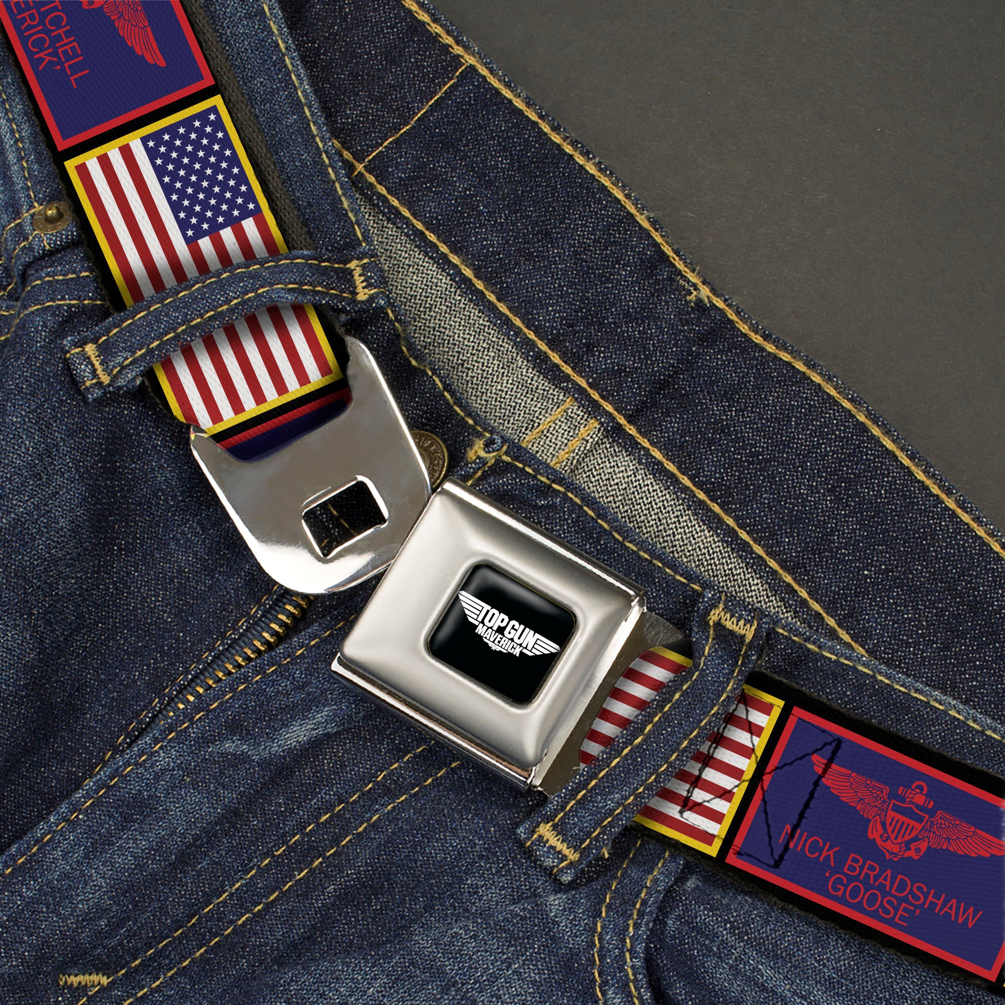 TOP GUN Title Logo Full Color Black/White Seatbelt Belt - Top Gun Maverick Goose and American Flag Patch Blocks Black Webbing Seatbelt Belts Top Gun