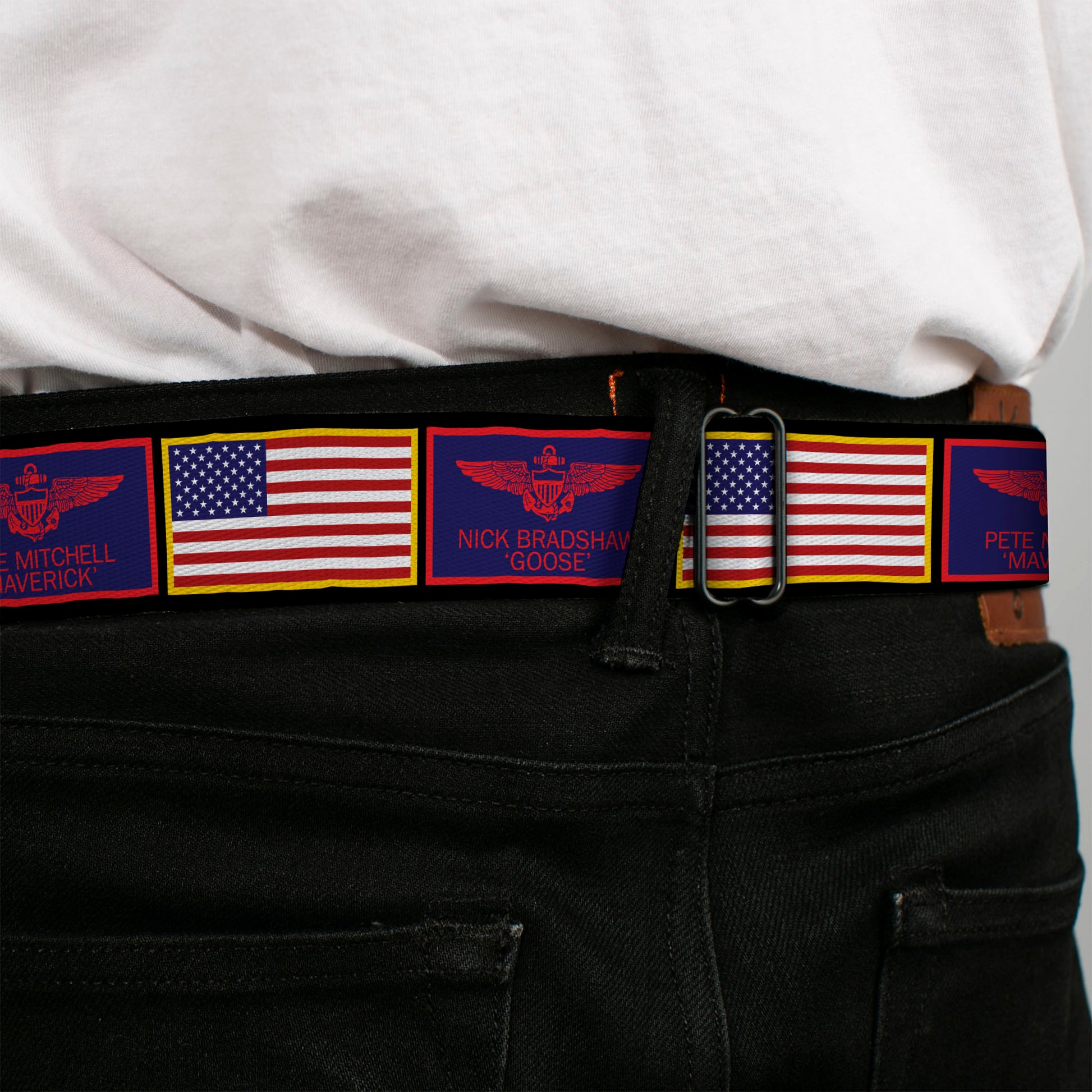 TOP GUN Title Logo Full Color Black/White Seatbelt Belt - Top Gun Maverick Goose and American Flag Patch Blocks Black Webbing Seatbelt Belts Top Gun