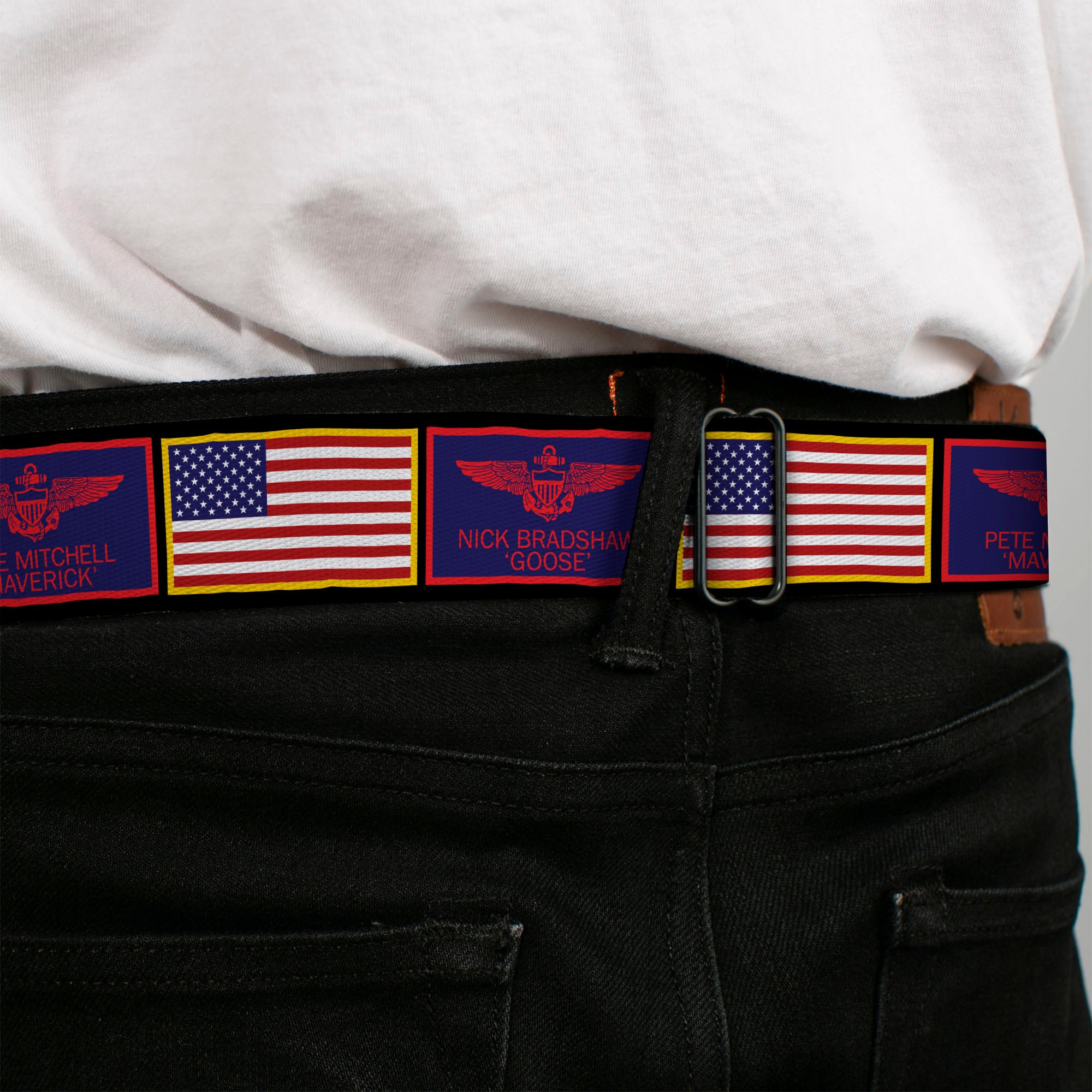 TOP GUN Title Logo Full Color Black/White Seatbelt Belt - Top Gun Maverick Goose and American Flag Patch Blocks Black Webbing Seatbelt Belts Top Gun