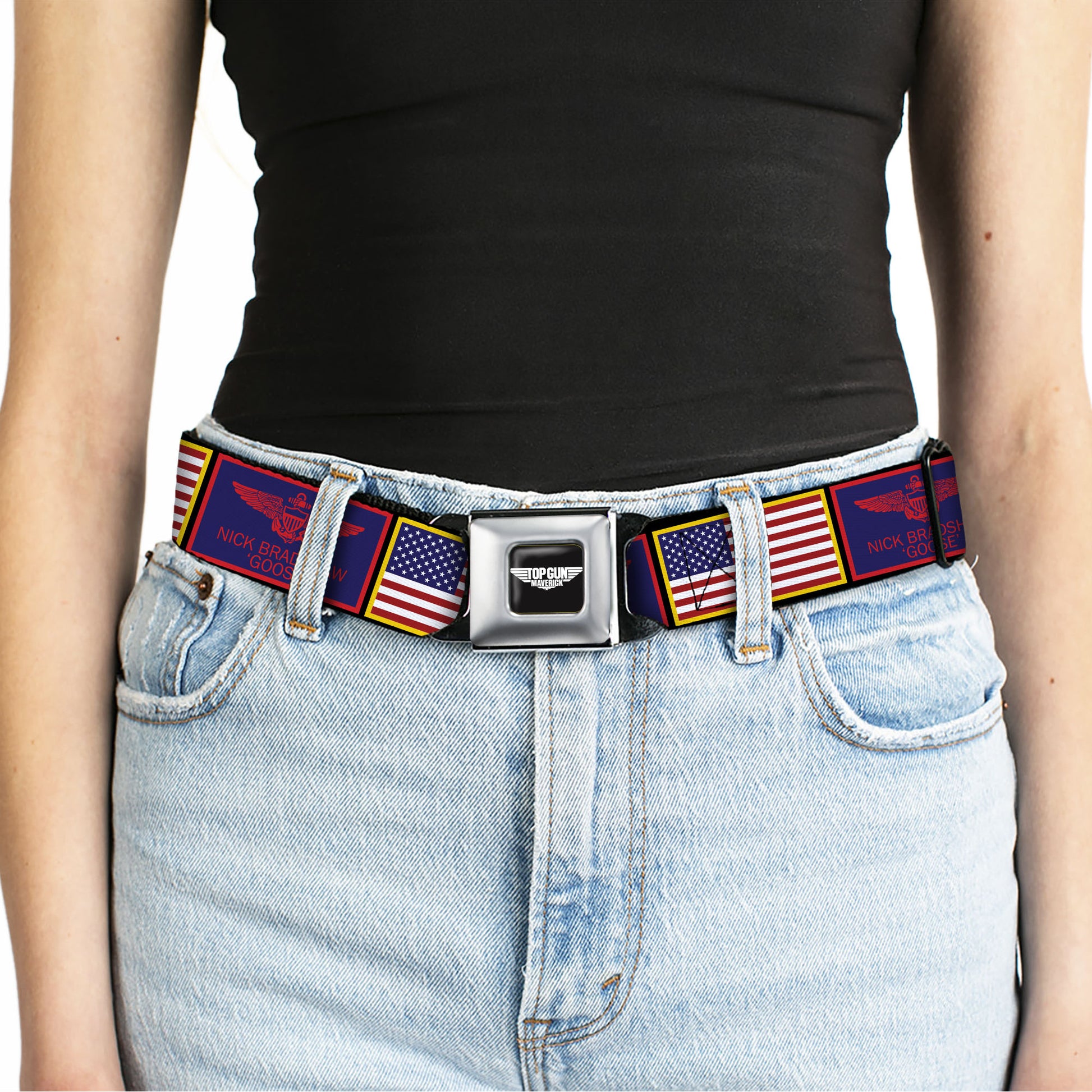 TOP GUN Title Logo Full Color Black/White Seatbelt Belt - Top Gun Maverick Goose and American Flag Patch Blocks Black Webbing Seatbelt Belts Top Gun