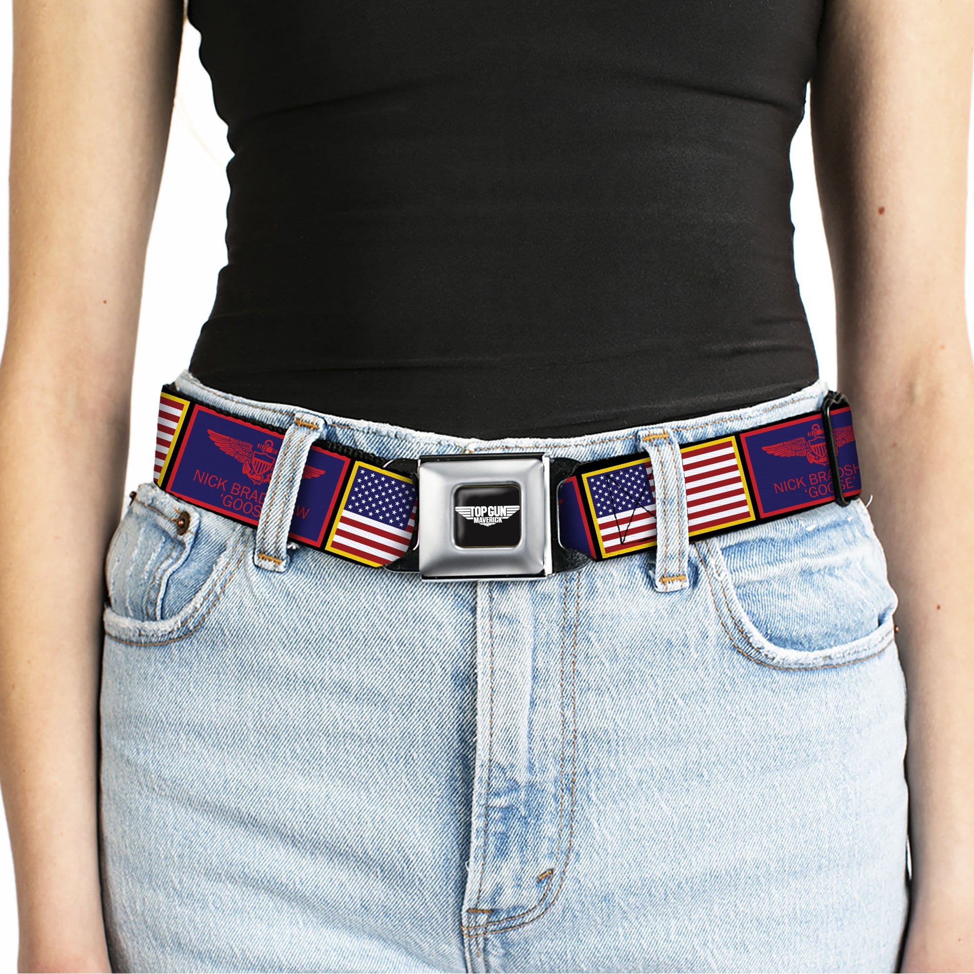 TOP GUN Title Logo Full Color Black/White Seatbelt Belt - Top Gun Maverick Goose and American Flag Patch Blocks Black Webbing Seatbelt Belts Top Gun