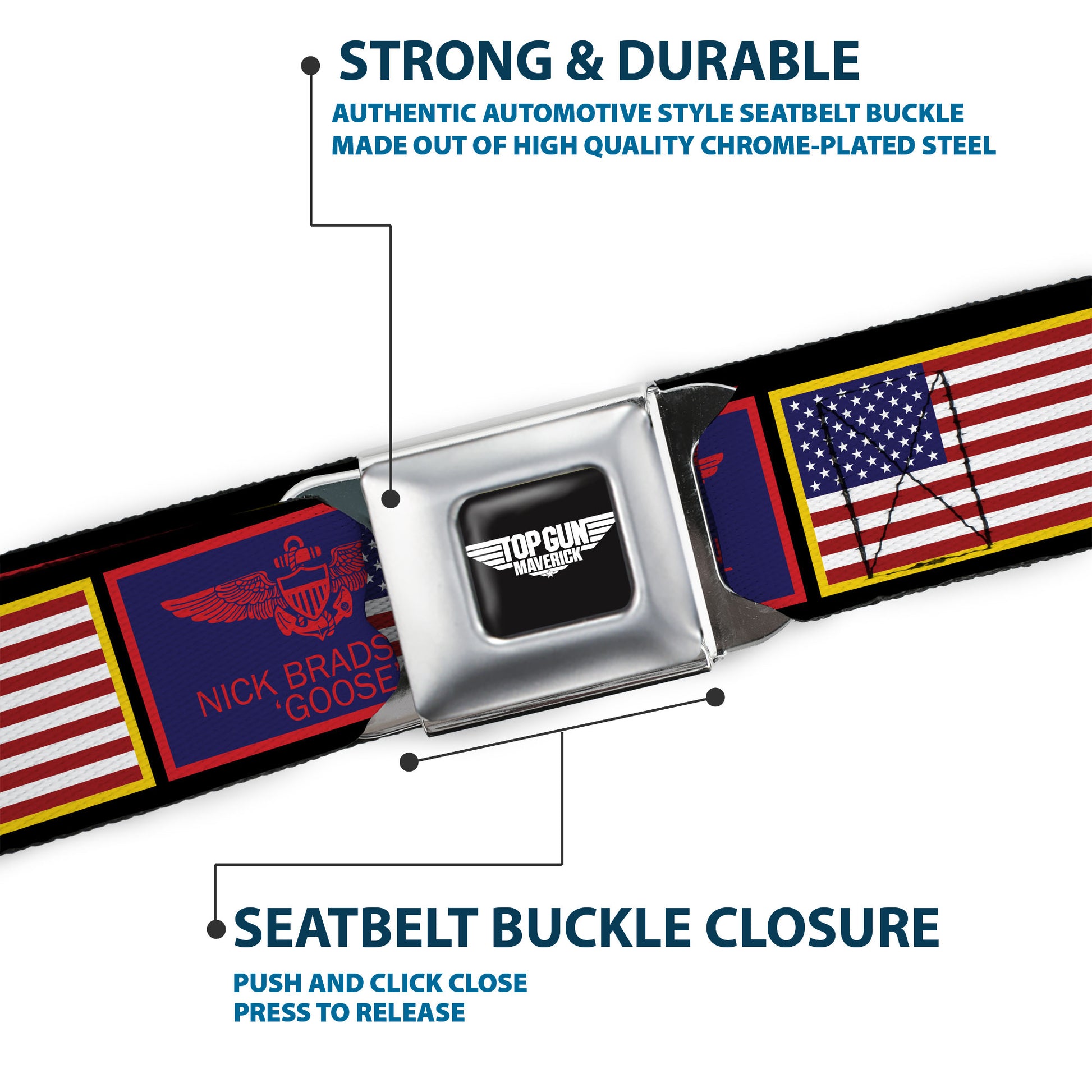 TOP GUN Title Logo Full Color Black/White Seatbelt Belt - Top Gun Maverick Goose and American Flag Patch Blocks Black Webbing Seatbelt Belts Top Gun