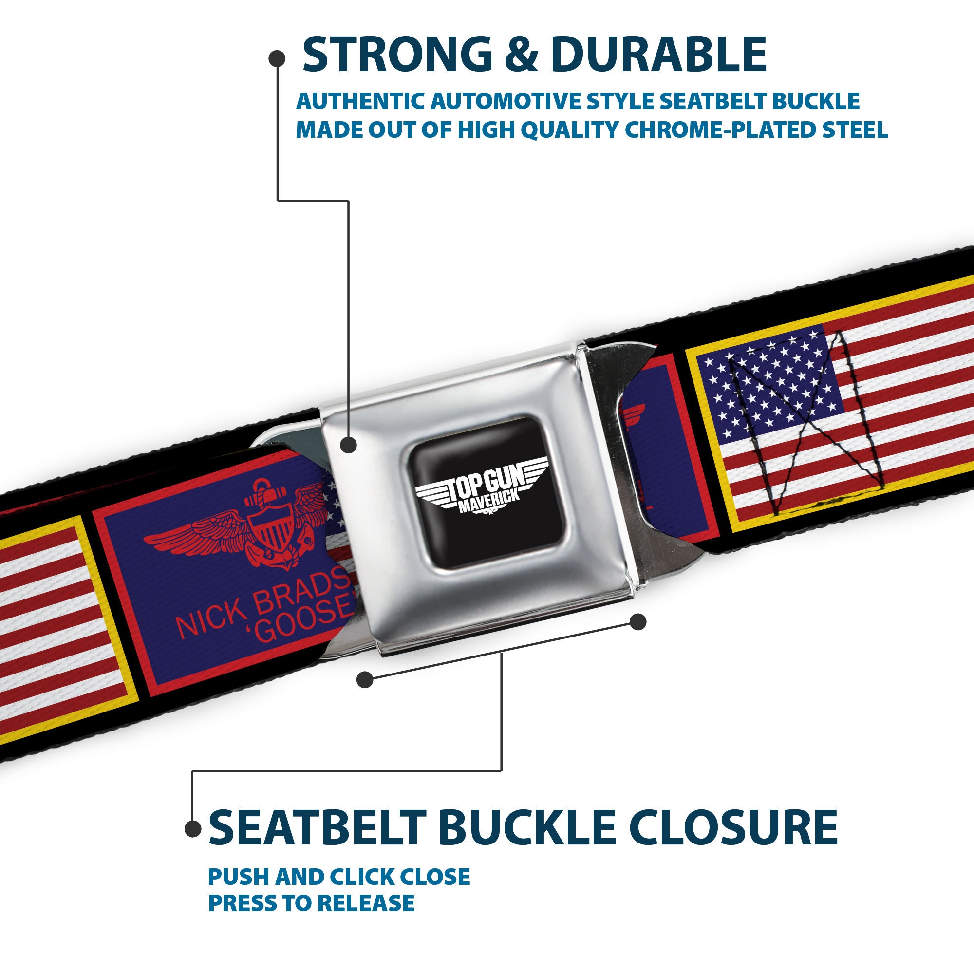 TOP GUN Title Logo Full Color Black/White Seatbelt Belt - Top Gun Maverick Goose and American Flag Patch Blocks Black Webbing Seatbelt Belts Top Gun