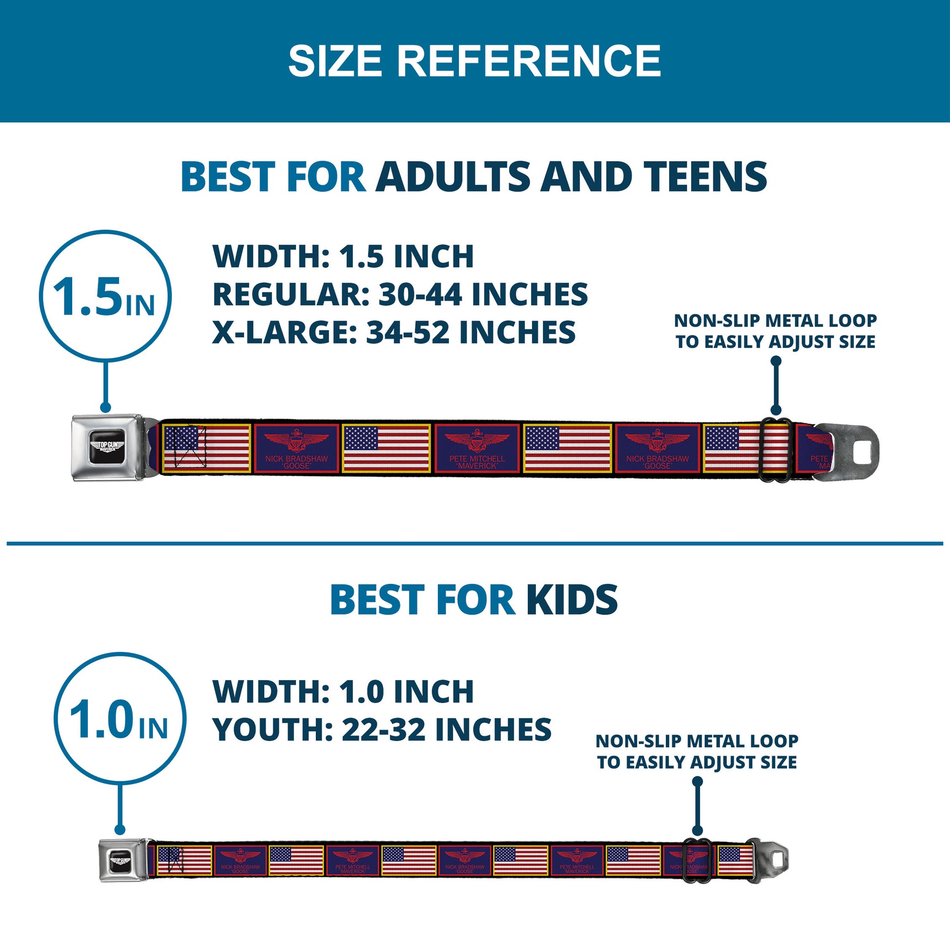 TOP GUN Title Logo Full Color Black/White Seatbelt Belt - Top Gun Maverick Goose and American Flag Patch Blocks Black Webbing Seatbelt Belts Top Gun