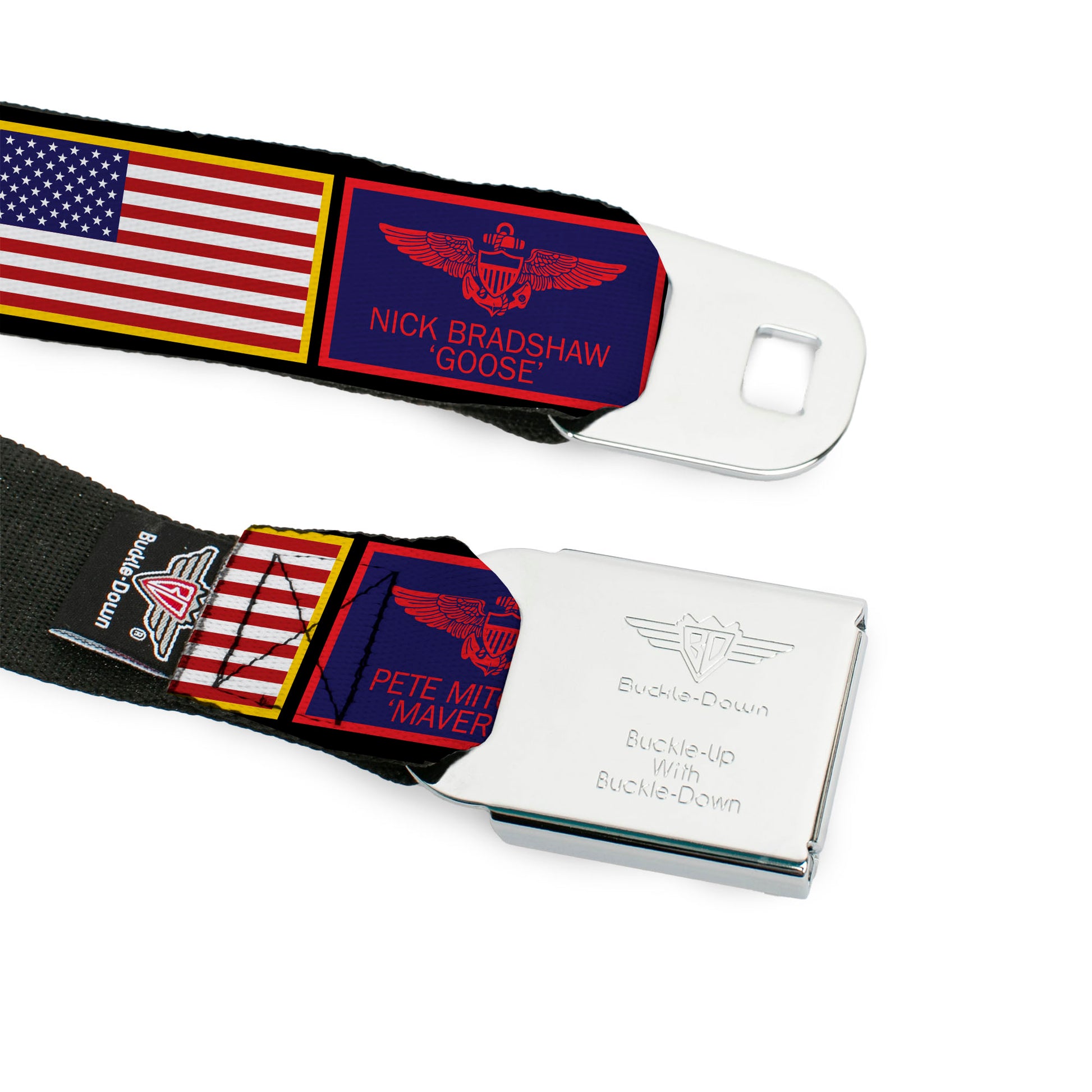 TOP GUN Title Logo Full Color Black/White Seatbelt Belt - Top Gun Maverick Goose and American Flag Patch Blocks Black Webbing Seatbelt Belts Top Gun
