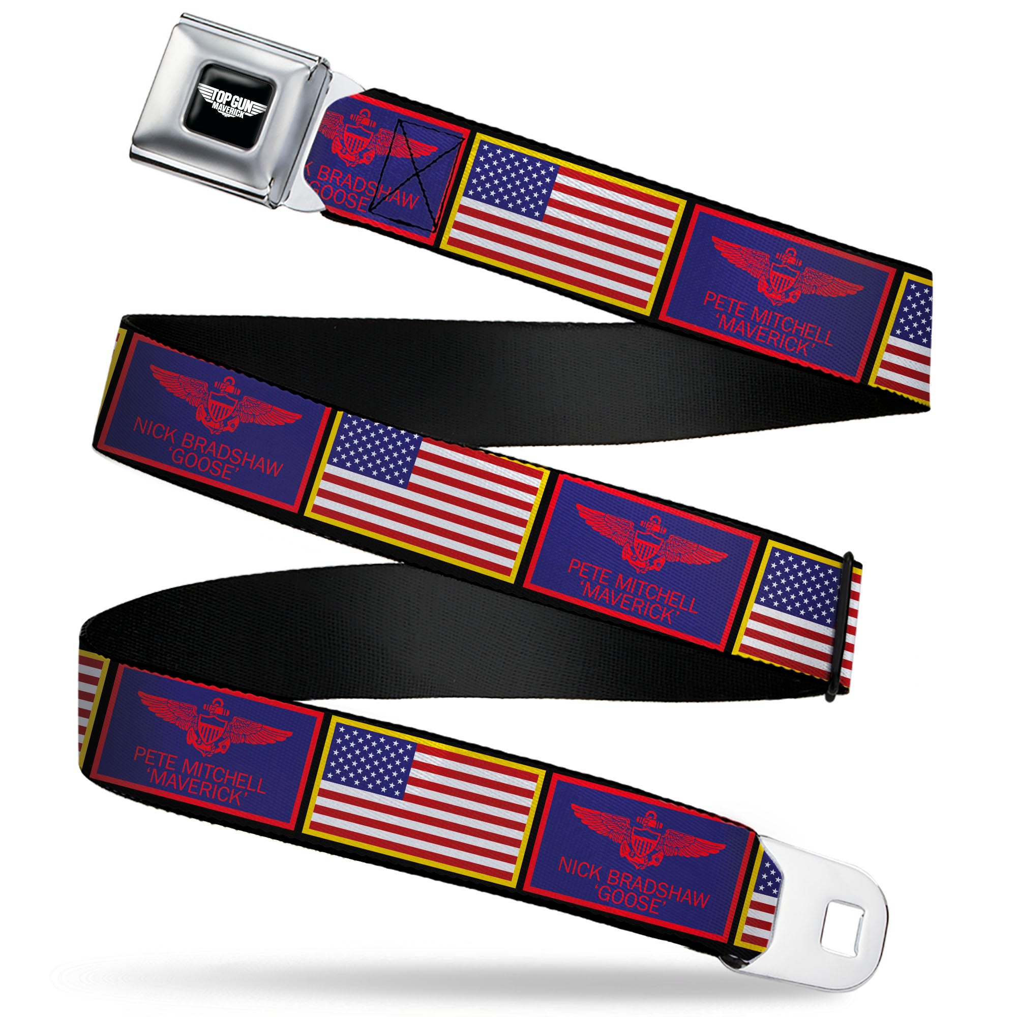 TOP GUN Title Logo Full Color Black/White Seatbelt Belt - Top Gun Maverick Goose and American Flag Patch Blocks Black Webbing Seatbelt Belts Top Gun